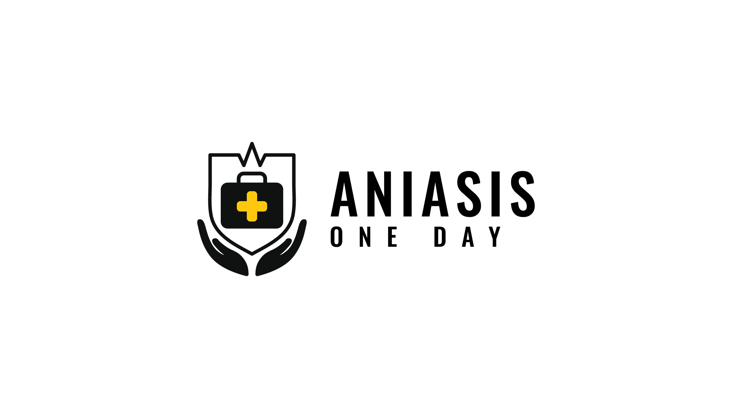 Logo with a black shield, a white cross, and a medical case, held by black hands, representing medical aid or healthcare.