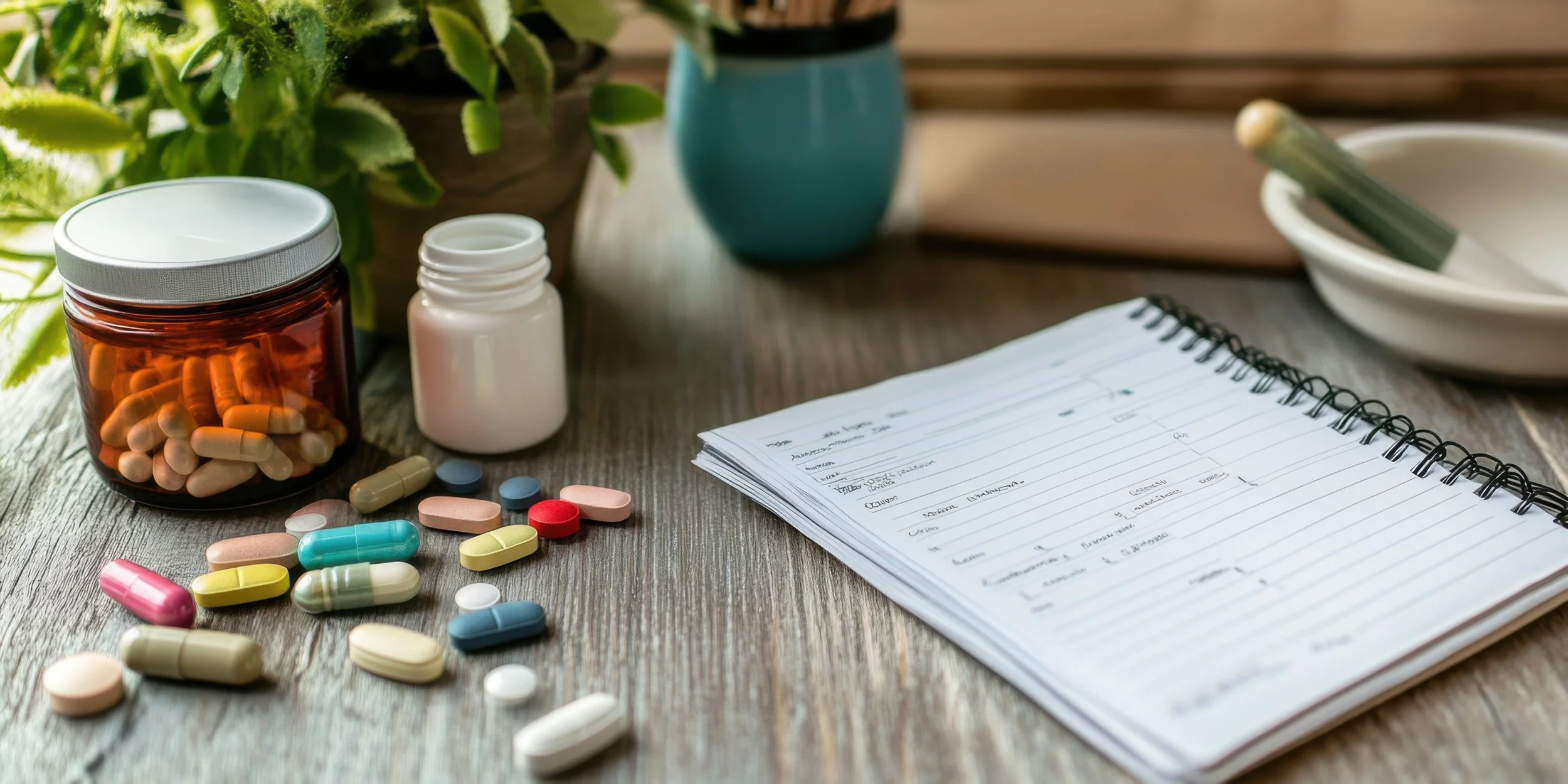 Open prescription pad next to open pill bottles and scattered pills on a wooden table with plants in the background.