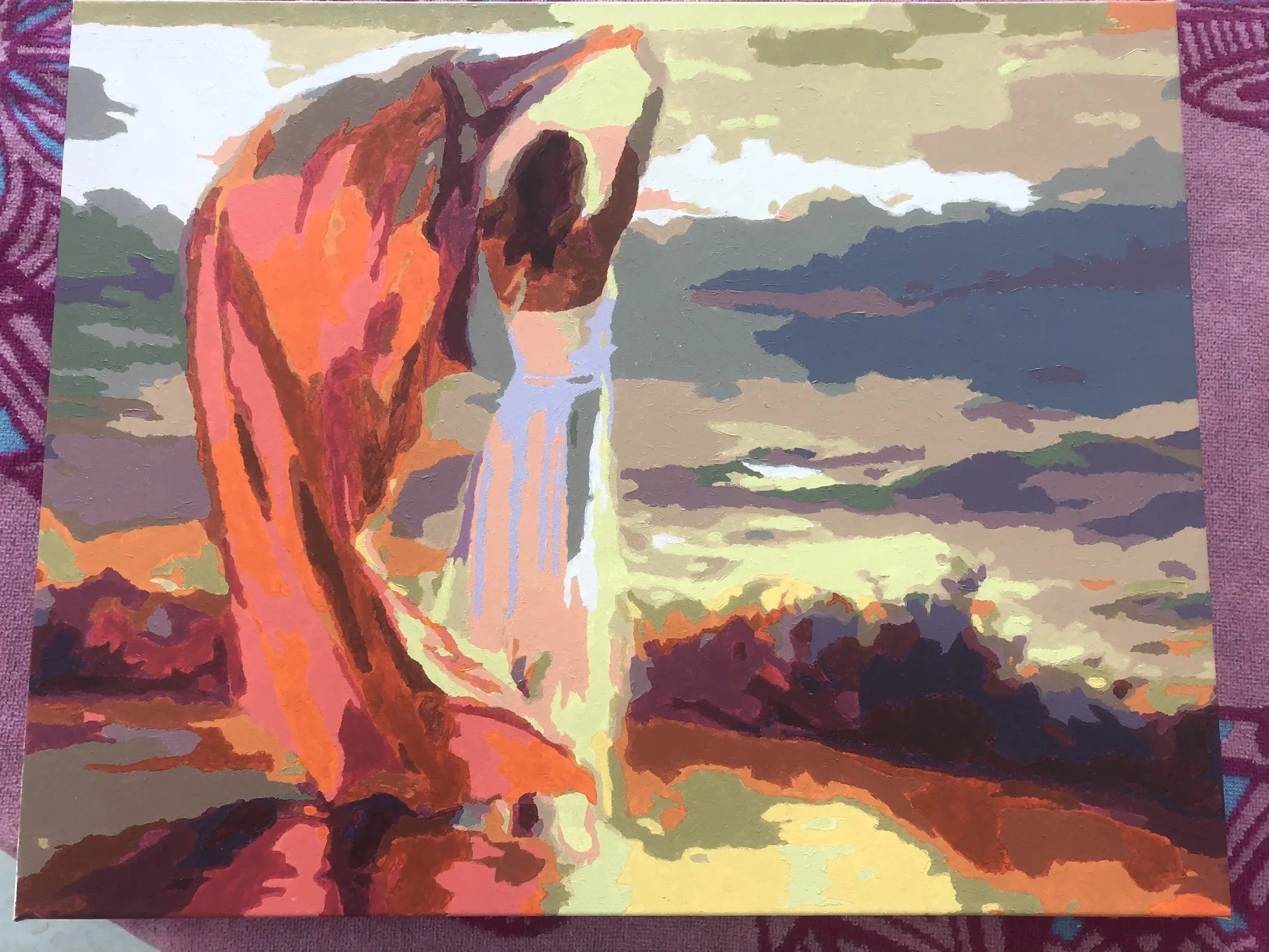 A painting of a woman holding a white cloth in one hand, standing against a cloudy sky with the sun setting or rising in the background.