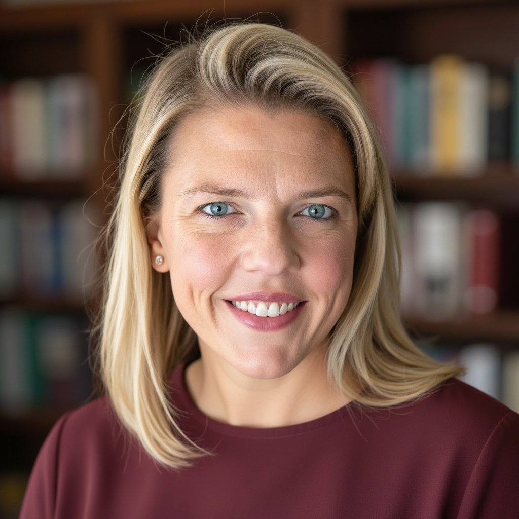 Close-up portrait of a smiling blonde woman with blue eyes, wearing a maroon top, with a bookshelf in the background.