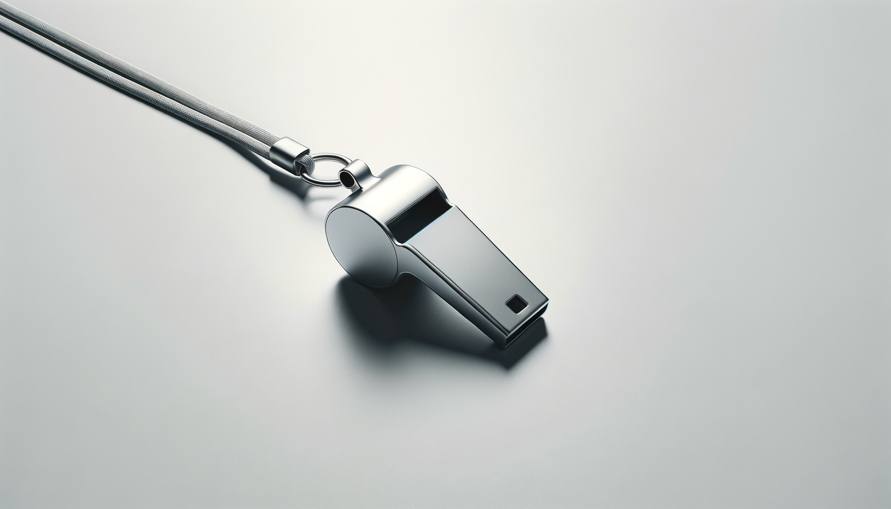 A sleek, metallic silver whistle with a lanyard attached, resting on a smooth gray surface.