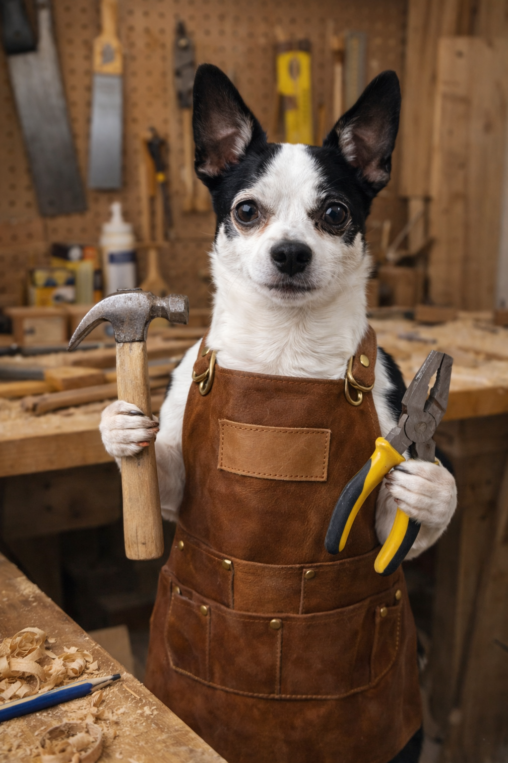 A funny AI generated image of domino the mascot  wearing a brown apron holding a hammer in one paw and pliers in the other in a woodworking shop.