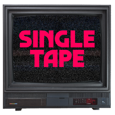 An old television screen displaying pink text that says "SINGLE TAPE" on a black background with static noise.
