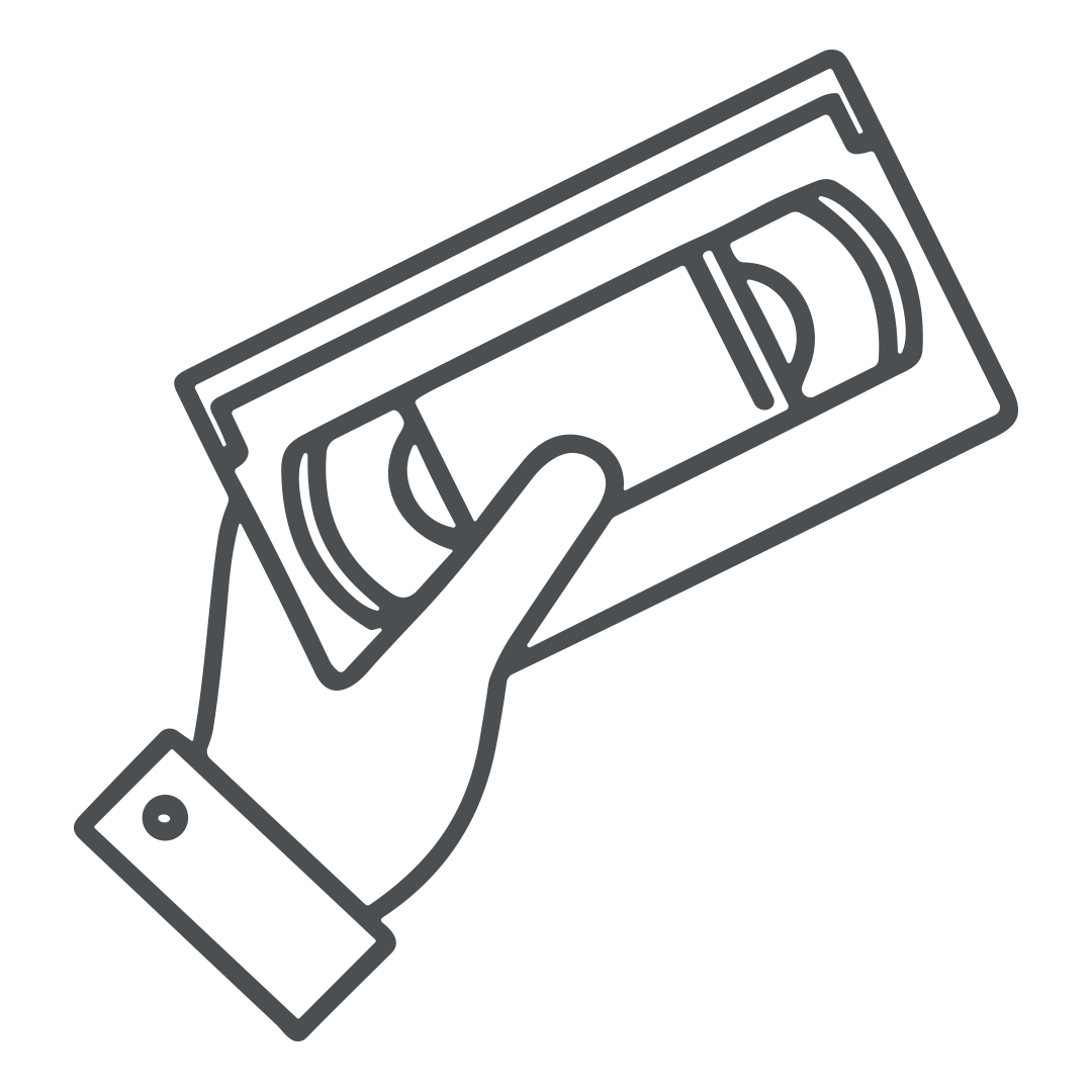 Outline drawing of a hand holding a stack of paper currency bills.