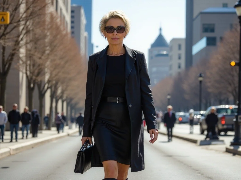 A woman with short blond hair, sunglasses, wearing a black dress, black coat, and carrying a black handbag, walking on a city street with people and buildings in the background.