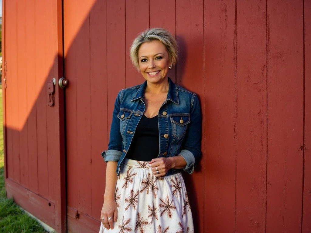 A woman with short blonde hair smiling and leaning against a red wooden wall, wearing a denim jacket over a black top and a white skirt with palm trees pattern.
