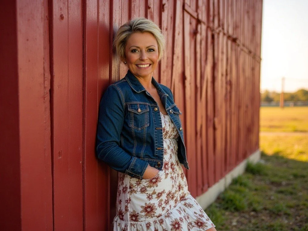 A smiling woman in a floral dress and denim jacket leaning against a red wooden barn exterior on a sunny day.