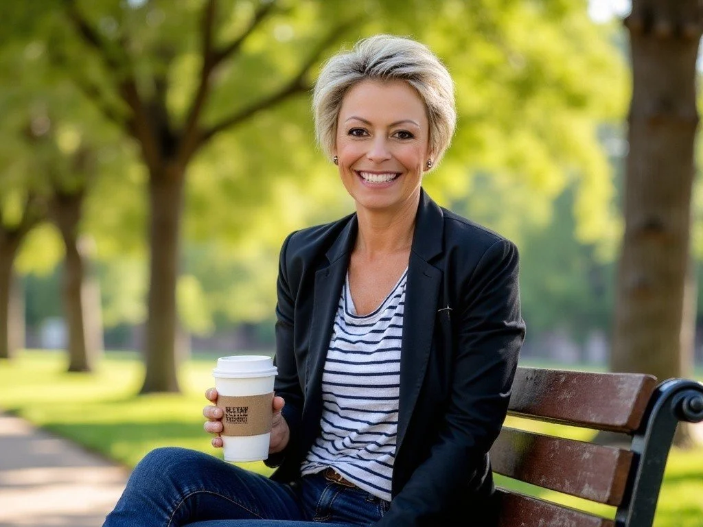 A smiling woman with short blonde hair, wearing a black blazer over a striped shirt, sitting on a park bench holding a paper coffee cup, with green trees in the background on a sunny day.
