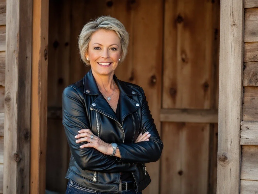 A woman with short blonde hair smiling, standing with arms crossed in front of a wooden shed, wearing a black leather jacket and jewelry.