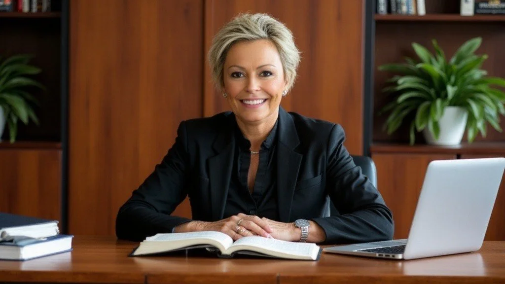 A woman with short blonde hair sits at a desk with a book open in front of her, smiling. She has a laptop and some stacked books on the desk, with wooden shelves and green plants in the background.