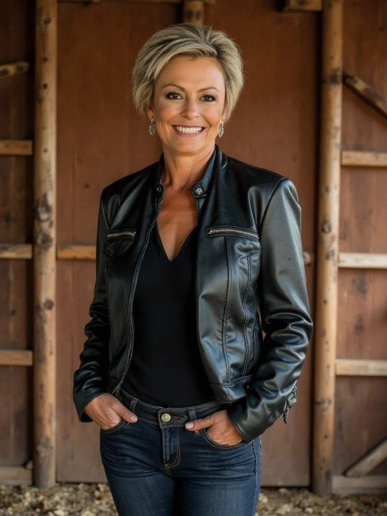 A smiling woman with short blonde hair, wearing a black leather jacket over a black top, standing in front of a wooden barn with her hands in her jeans pockets.
