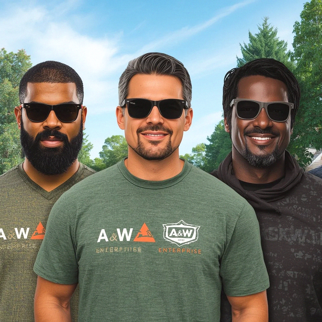 Three men wearing sunglasses, standing outdoors with trees and a blue sky in the background.