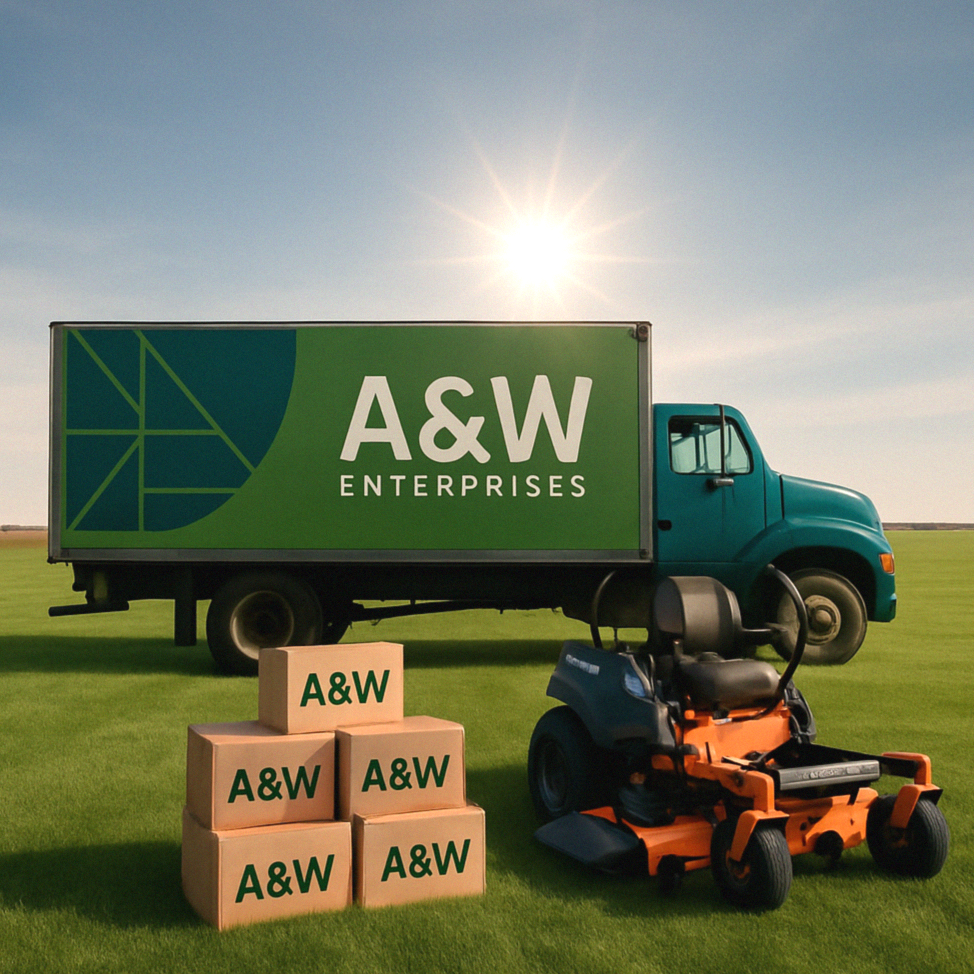 A yard with a green lawn, a large truck with a green and white sign reading "A&W ENTERPRISES," several boxes marked with "A&W," a riding lawn mower, and a bright sun in the sky.