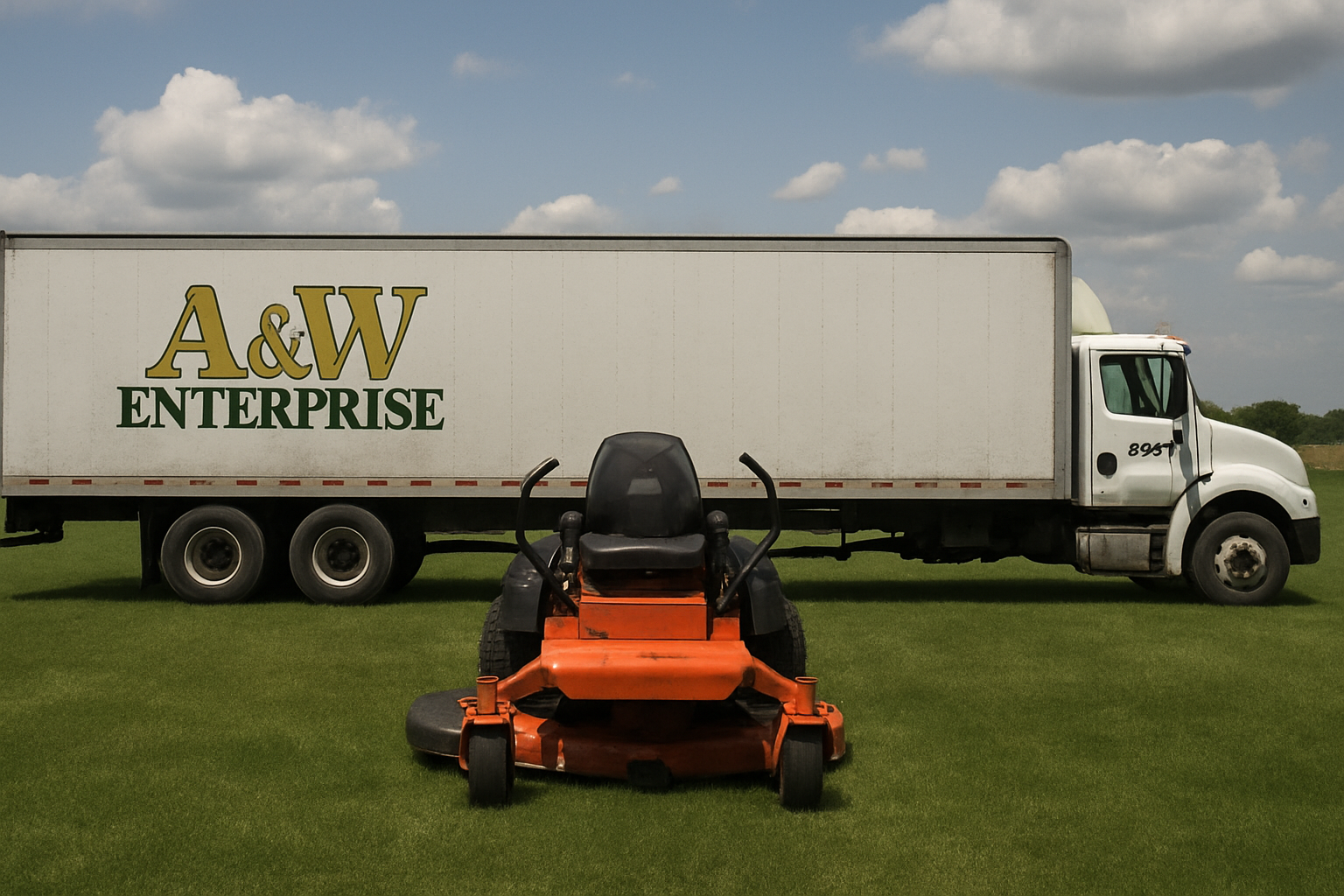 A large white delivery truck with the logo 'A&W ENTERPRISE' parked on a grassy field under a partly cloudy sky, with an orange riding mower in front of it.