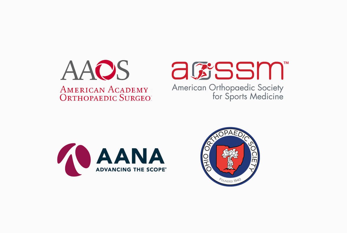 Logos of four organizations: American Academy of Orthopaedic Surgeons, American Orthopaedic Society for Sports Medicine, American Association of Neurological Surgeons, and Ohio Orthopaedic Society.