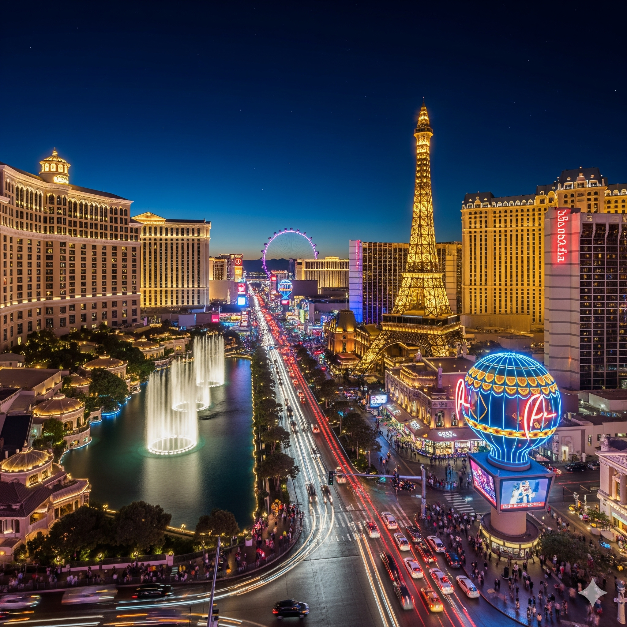Night view of Las Vegas Strip with illuminated landmarks including the Eiffel Tower replica, a Ferris wheel, and the Bellagio fountains with light trails from moving cars.