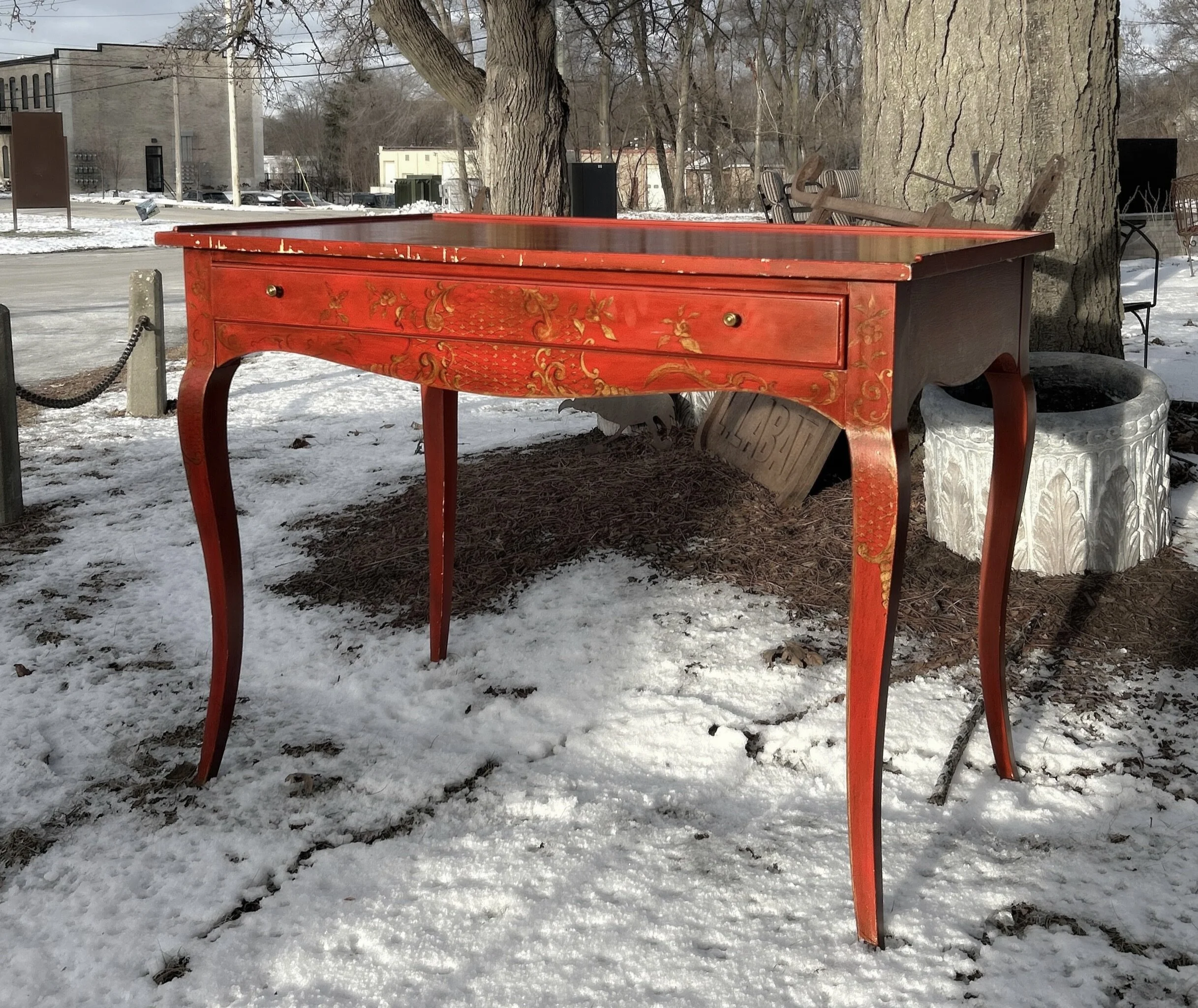 Red Lacquer Painted Writing Table,  Serpentine Front,  Dainty Cabriole Legs, Rococo Style, Louis XV