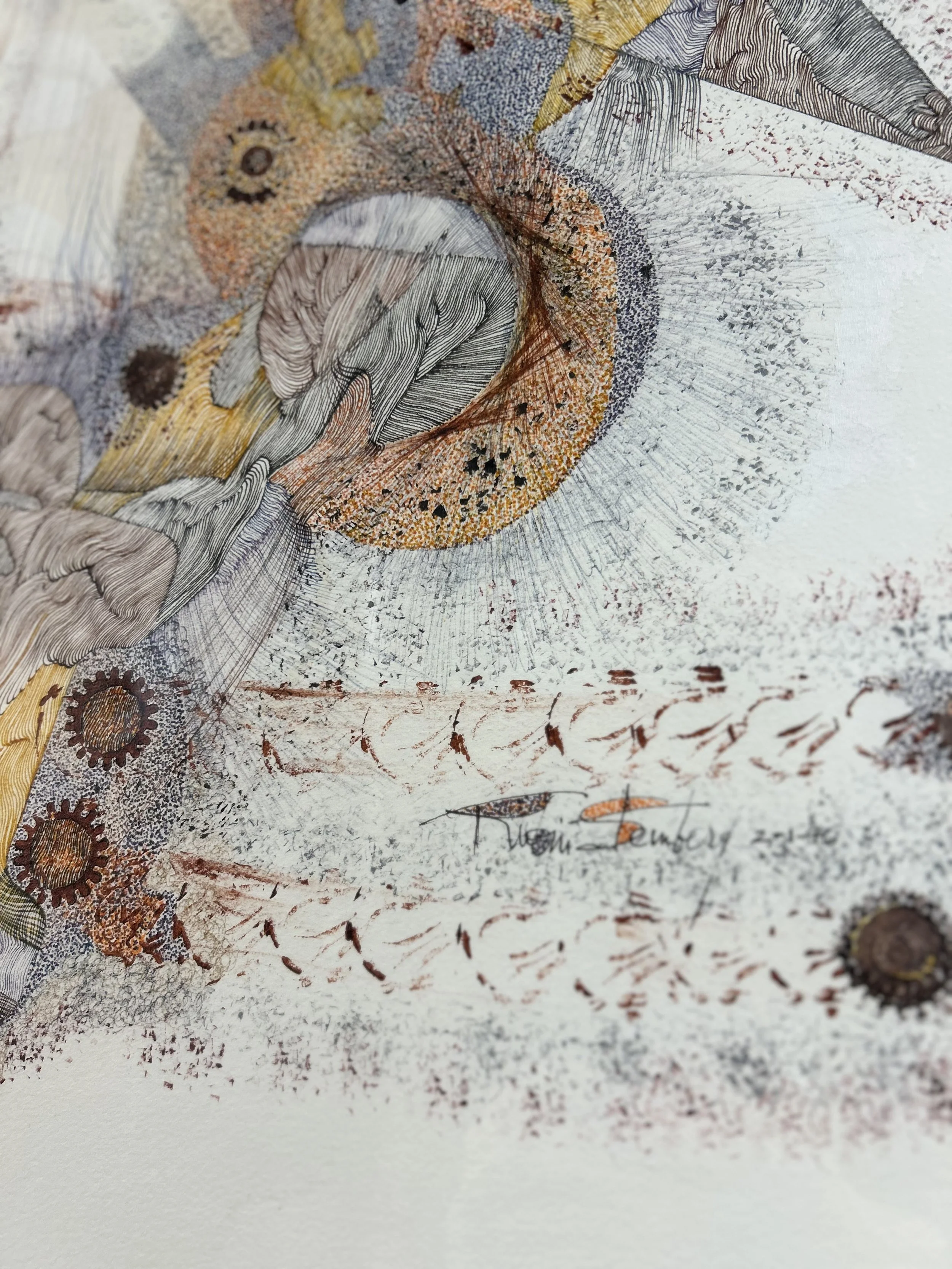 Close-up of a detailed and artistic illustration of a light bulb, with various patterns and textures, along with signatures and handwritten notes.