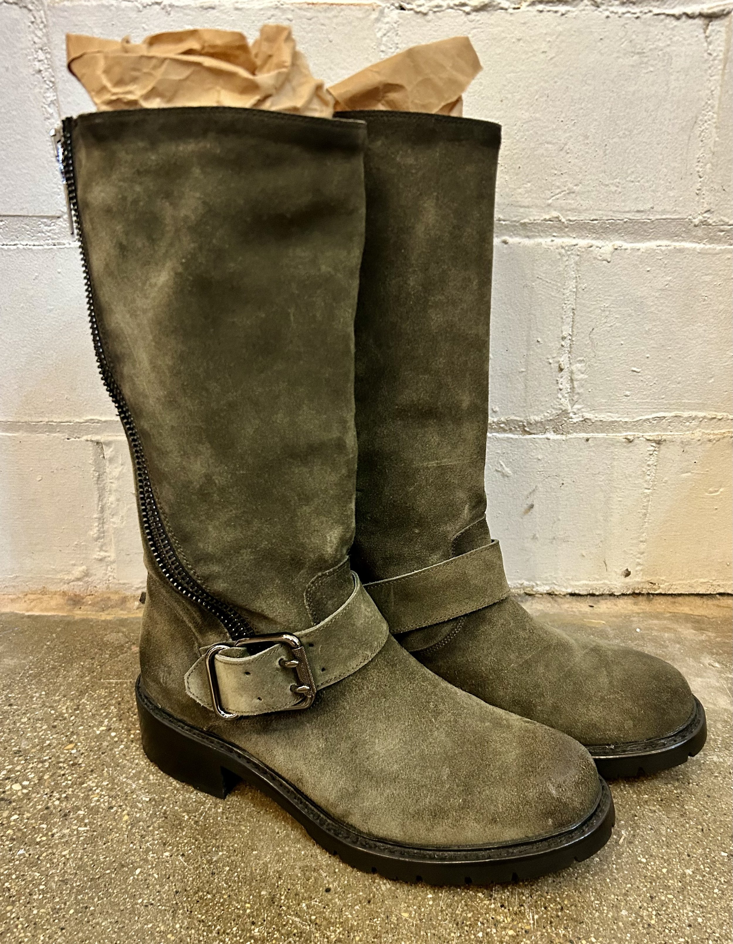 Frye Samantha Moto Zip Boot in Forest Green Suede (9) $225