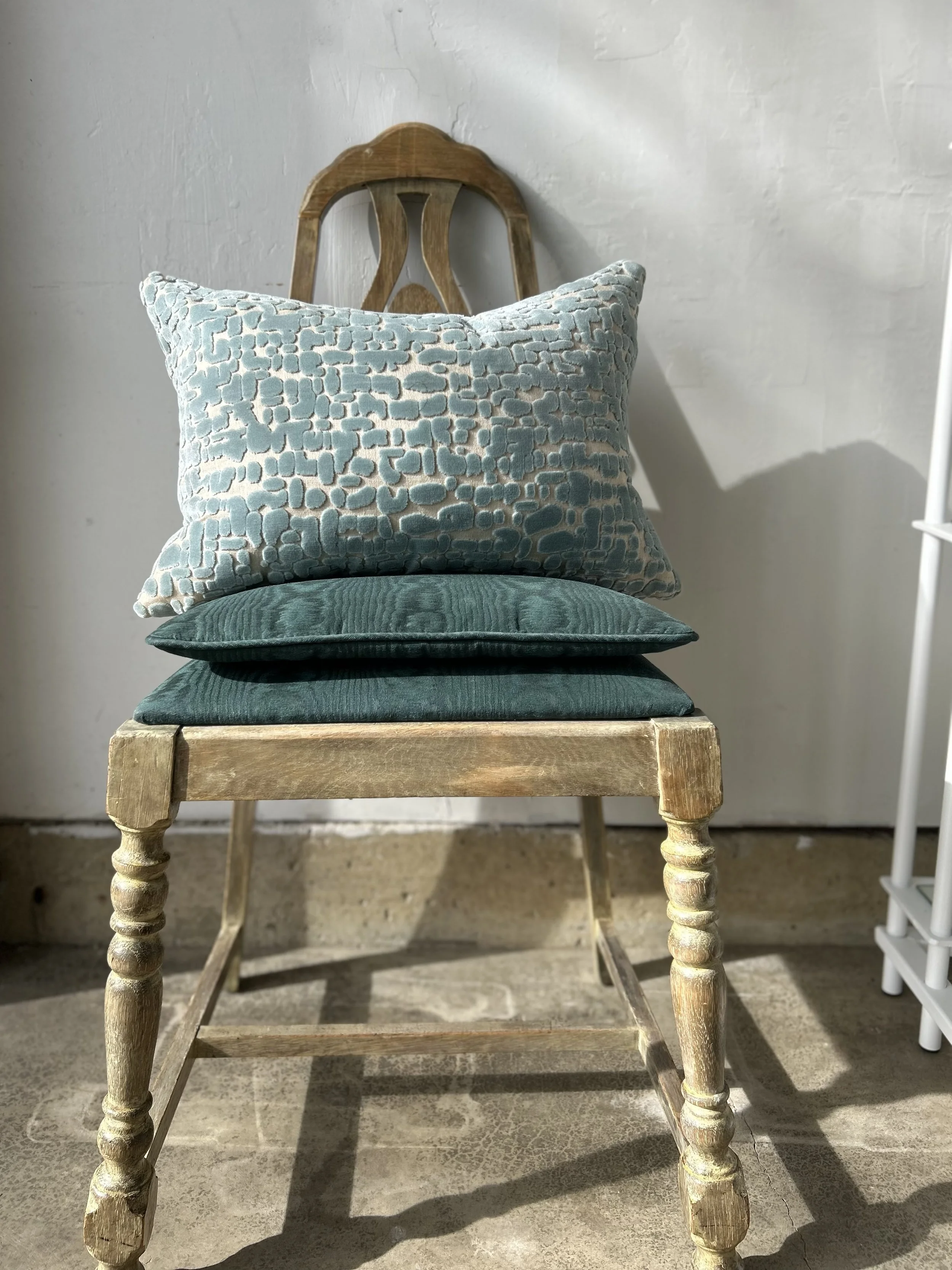 Vintage Gustavian Side Chair with Custom Moire Silk-Blend Cushions | Weathered Wood Artisan Accent