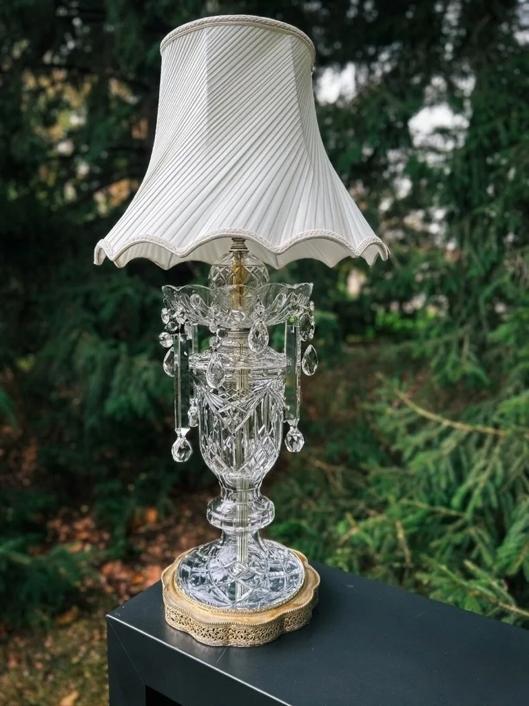 Vintage Hollywood Regency Cut Crystal Table Lamp | 35” Grand-Scale Statement Lighting | 35T x 15W | c. 1970-1980 | 28T x 12D Base, Shade 18W x 13T | 35" Tall 