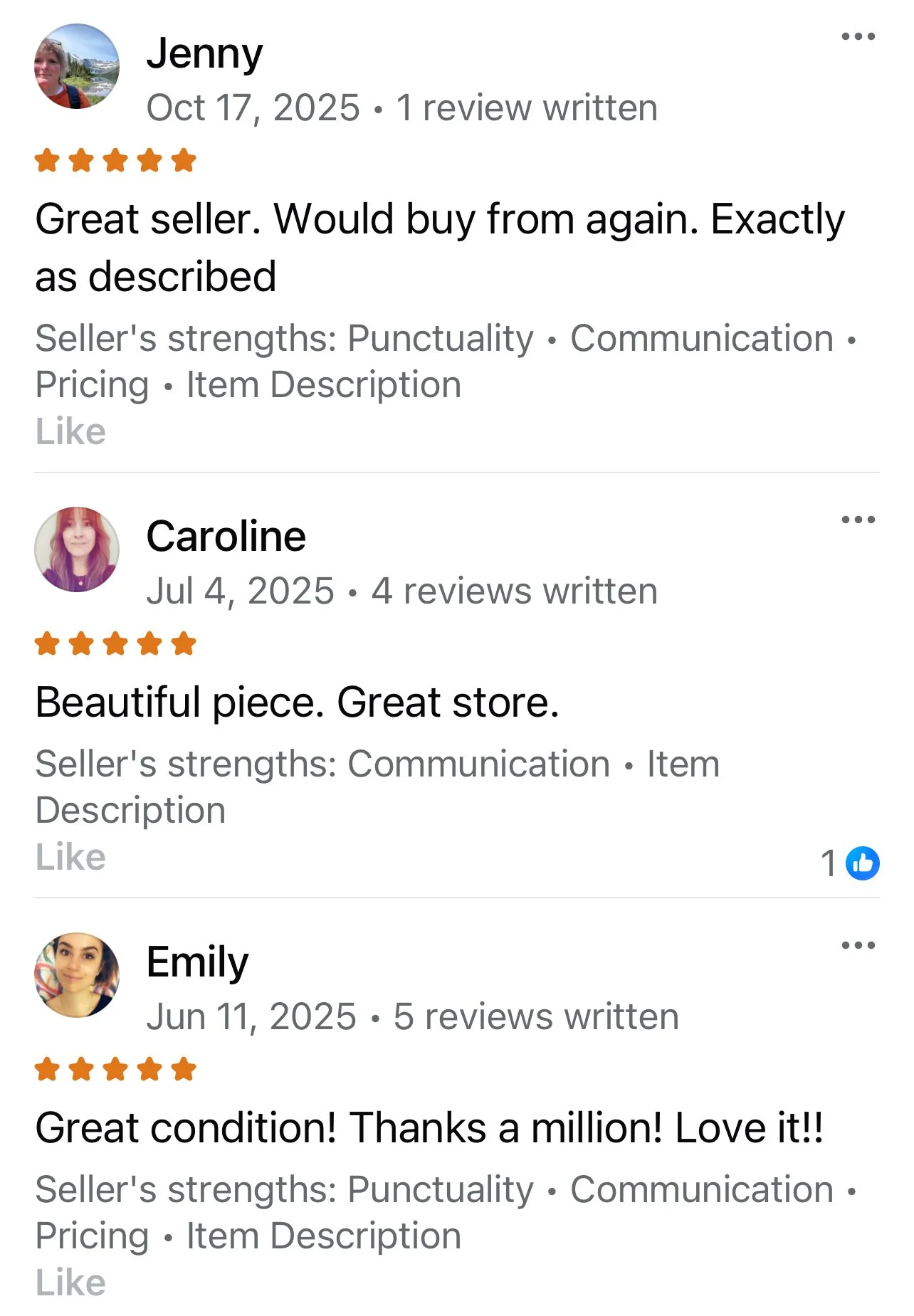 Screenshots of three positive online reviews from different users, Jenny, Caroline, and Emily, praising a product or service.
