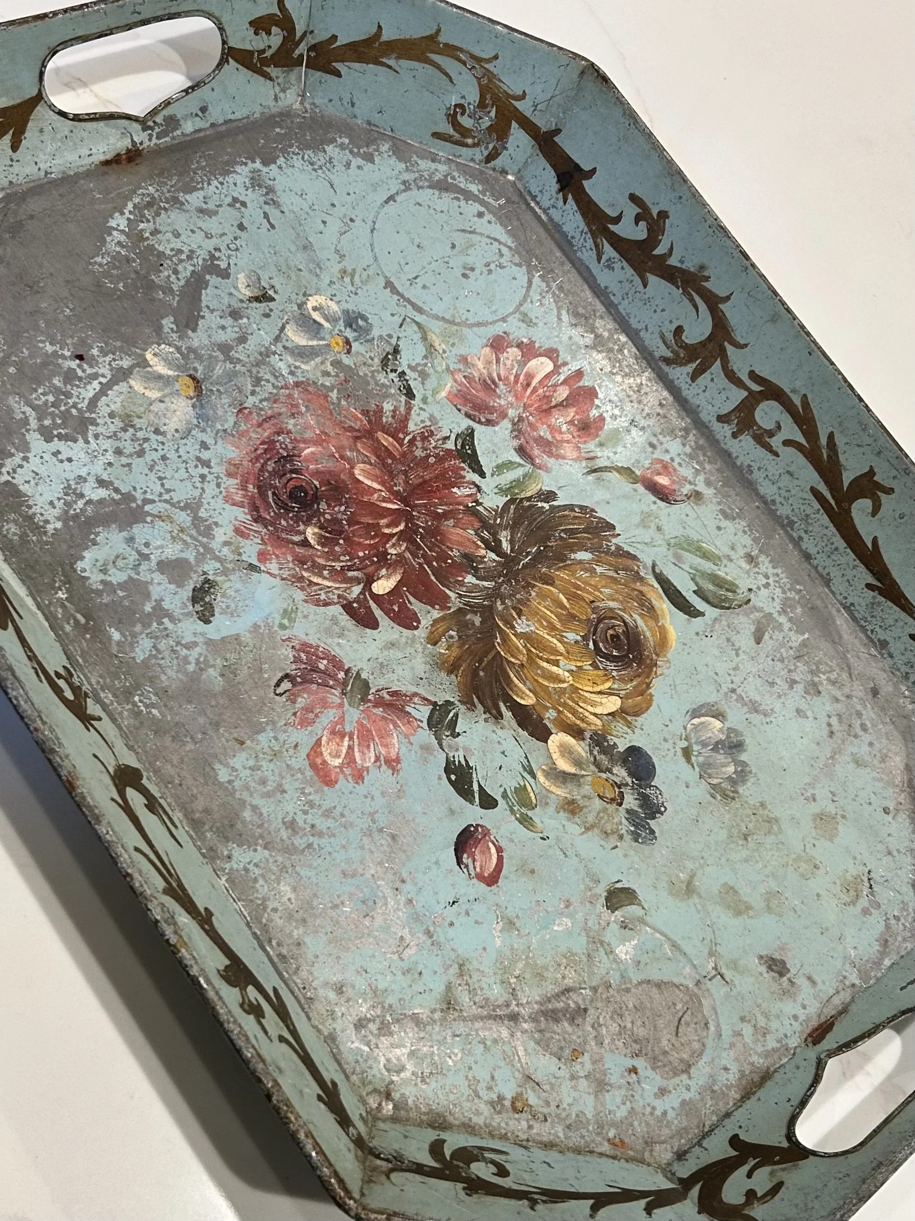 Oxidized 1940s Octagonal Tin Tray with Romantic Cabbage Roses