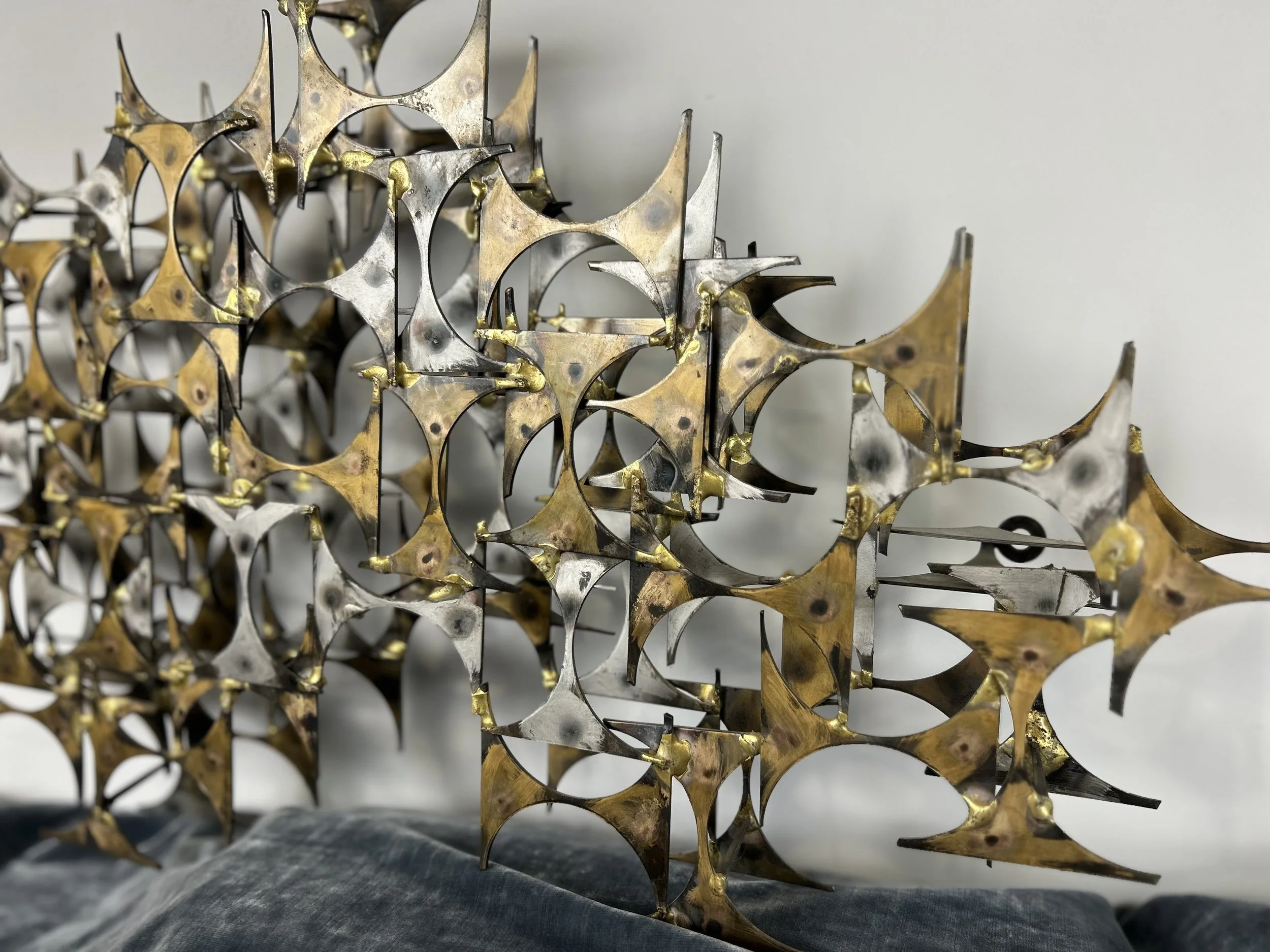 Vintage Marc Creates 1960-1970 Brutalist Brass/Steel Wall Sculpture 33.5W x 18T x 5D $1500