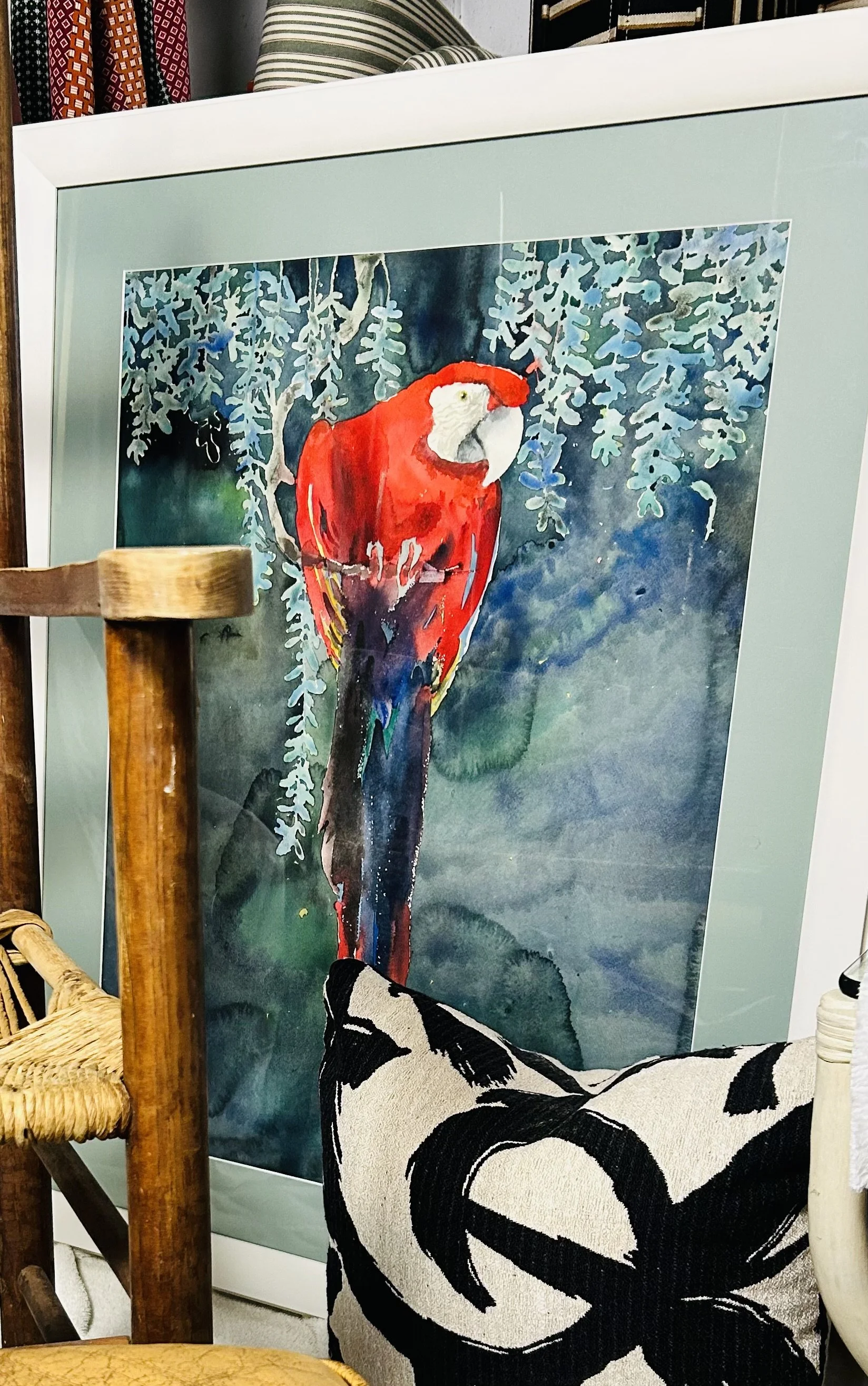 Large Macaw in Rain Forest  Watercolor Painting in White Wood Frame, Donna Stinnet  31.5 W x 39.25 T $375