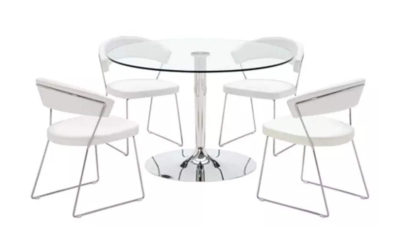 Modern dining set with a round glass table and four white chairs with metal legs. Italian leather. 