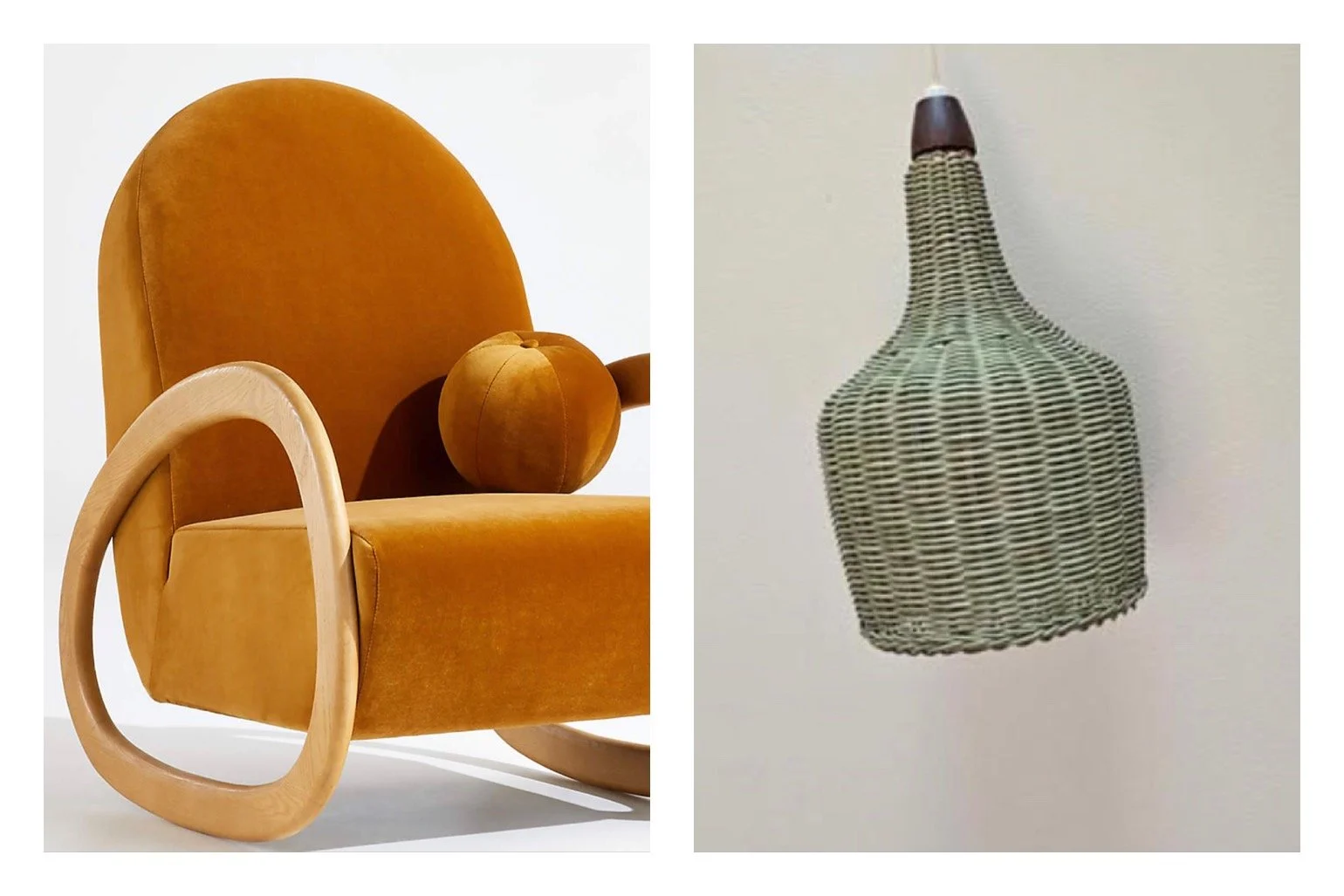 A split image showing a modern orange velvet armchair with a matching spherical pillow on the left and a woven bottle-shaped hanging lampshade on the right.