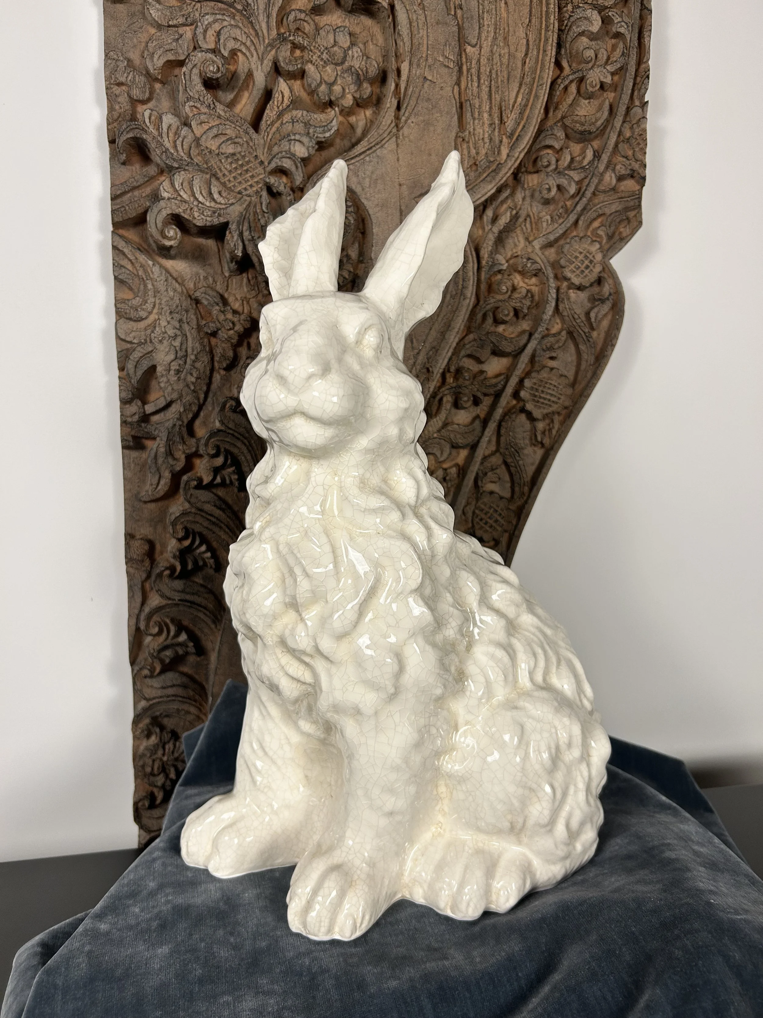 This long-haired bunny is soo pretty, crazed and crackled cream finish! $125  18T x 13W x 8D