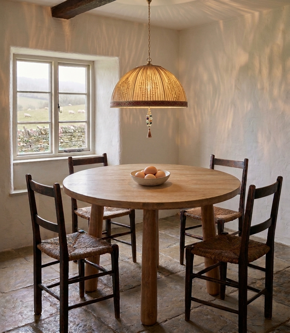 Contemporary Wabi-Sabi 43" Round Solid Mango Wood Pillar Dining or Foyer Table