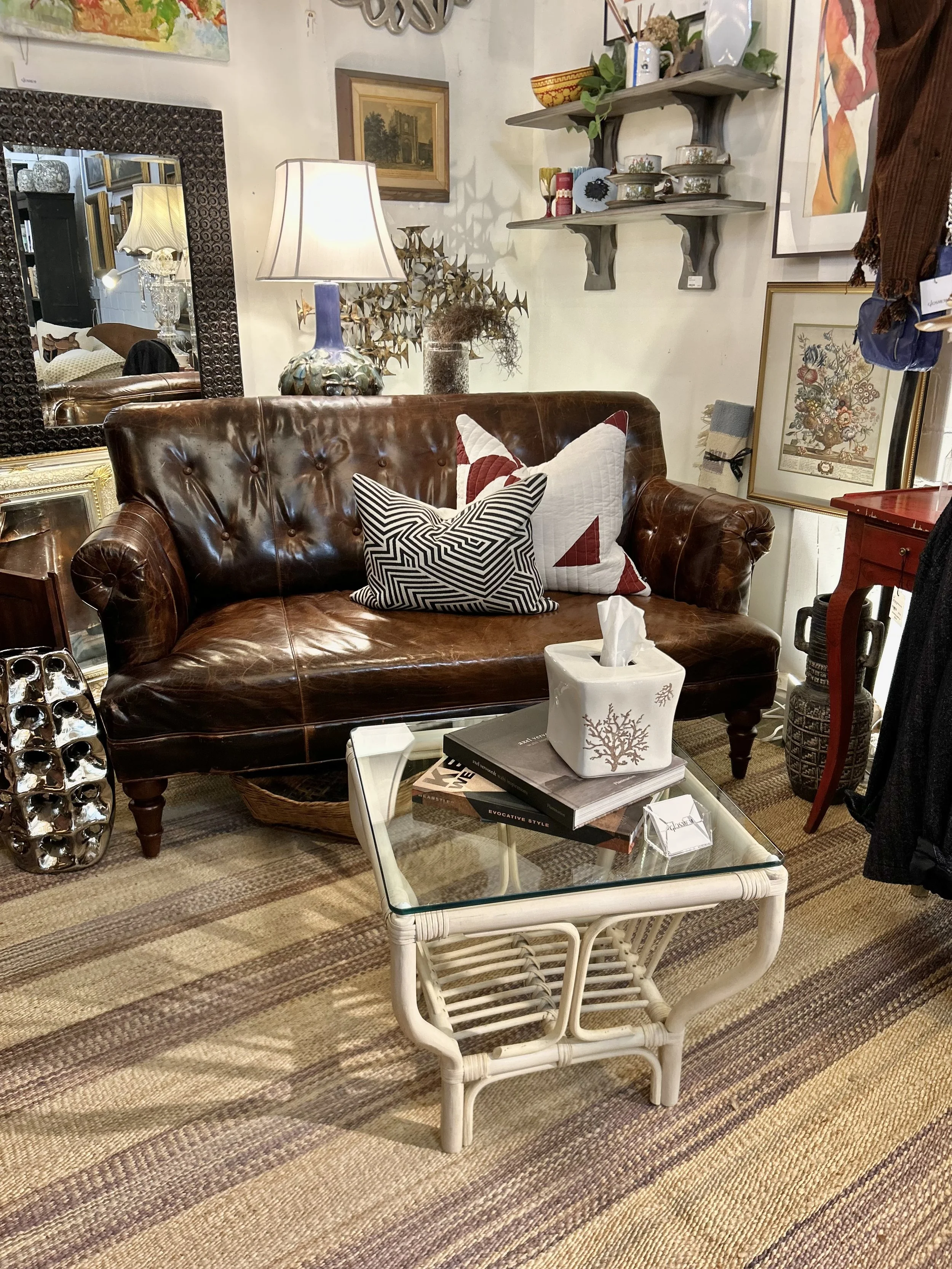 Walter E Smith Distressed Leather Loveseat with Turned English Legs $1350