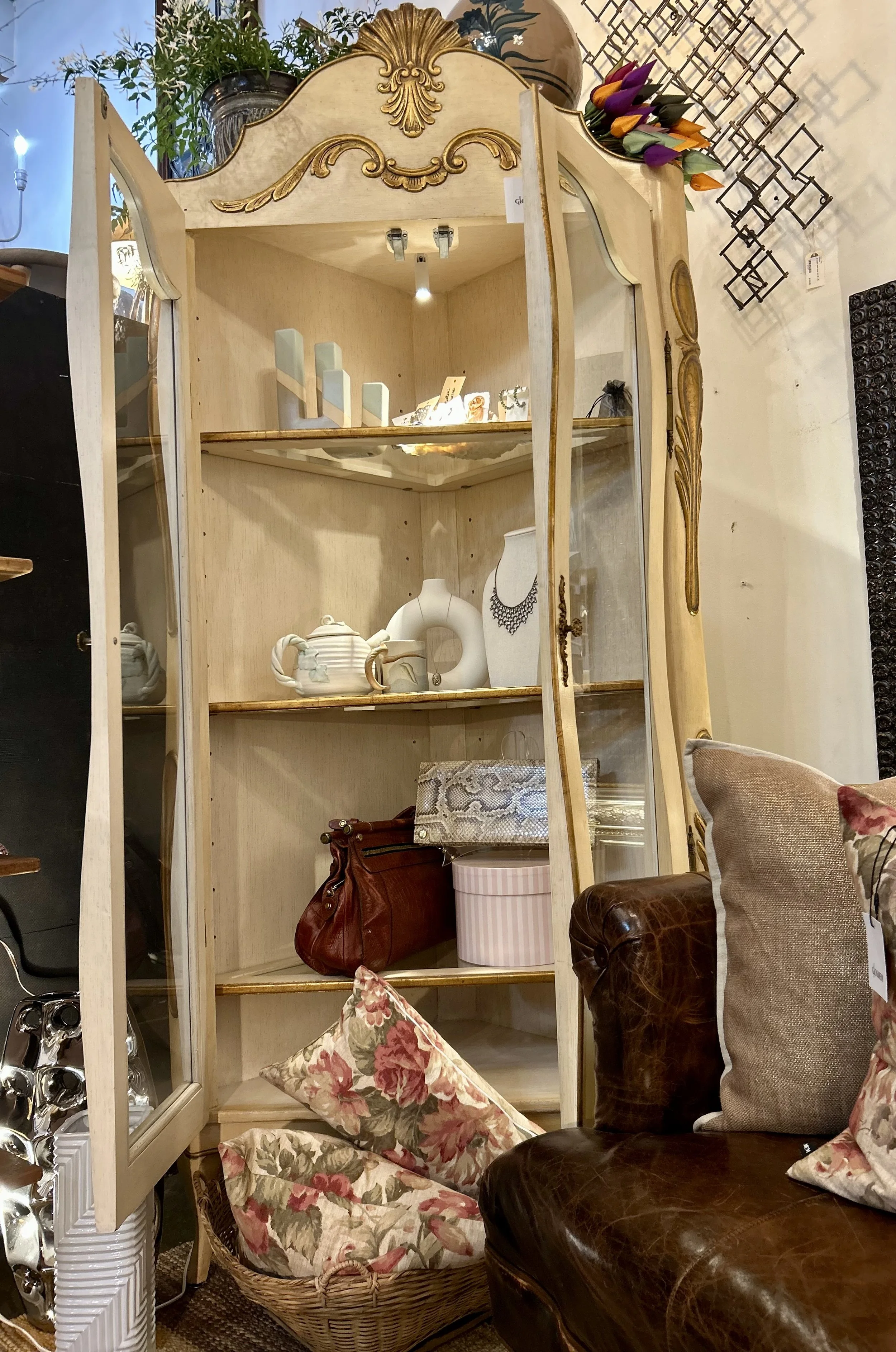 "Madame de la Grande Bouche" French Wavy Corner Lighted Cabinet 80T at the highest front facade x 37W x 19D 24 inches diagonal span from front to back on each side " $675