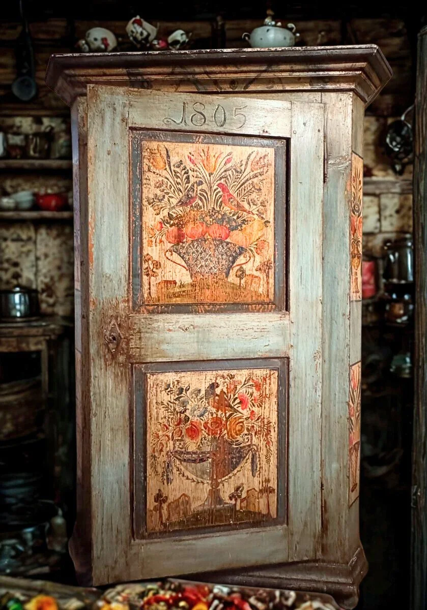 1805 Tyrolean Alpine Folk Wardrobe | Architectural Grit & Hand-Painted Patina