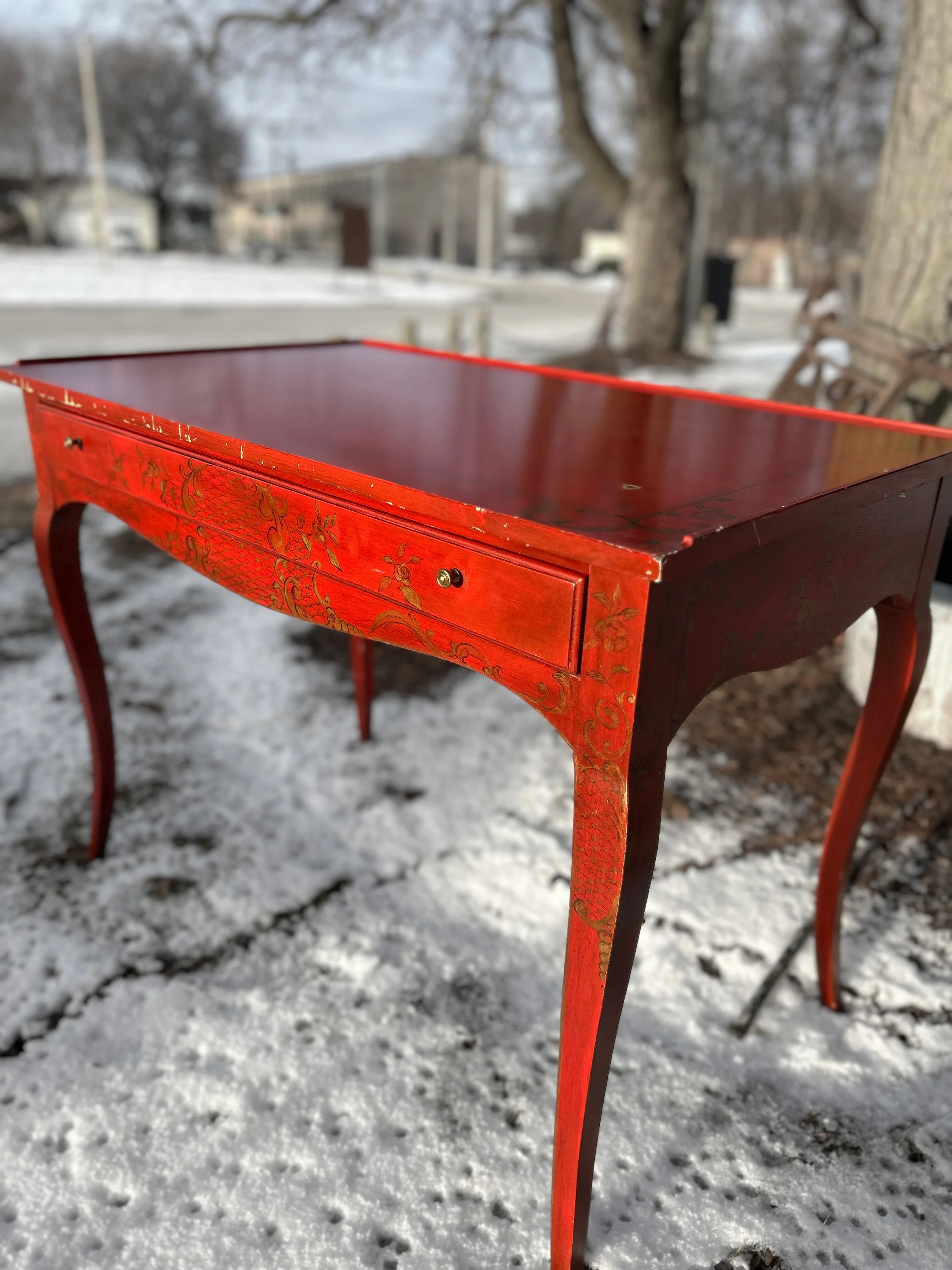 Russian Red, Folk Detailing, Slender Serpentine/Cabriole Legs, Writing Desk 40w x 24d x 30T $275