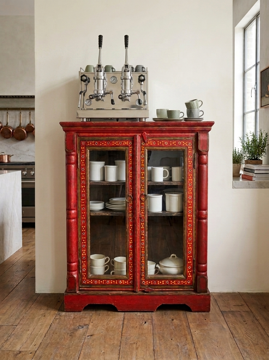 Vintage Hand-Painted Rajasthani Display Cabinet – Slim 12" Depth
