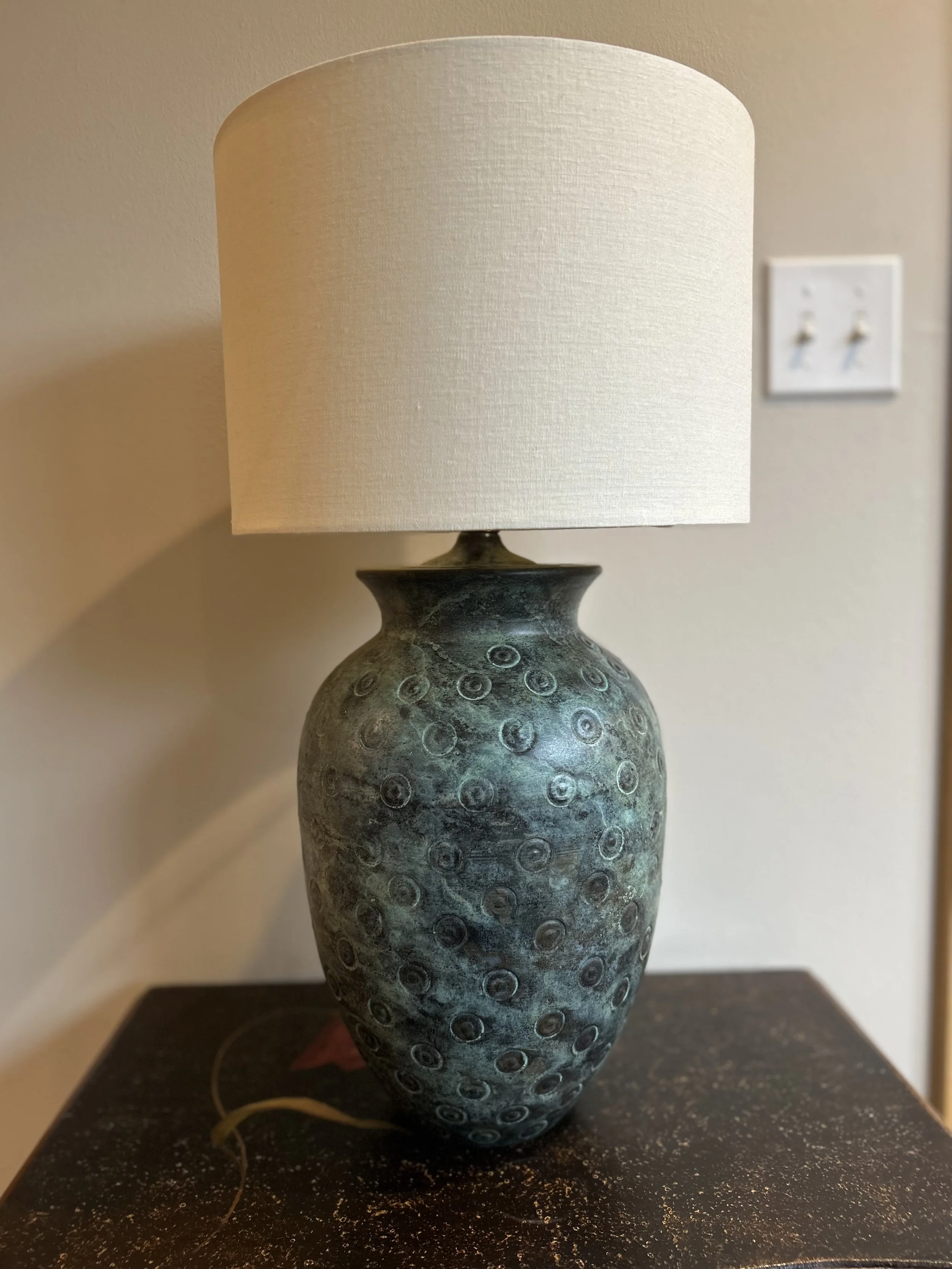 $165 1980/90 Wildwood/Frederick Cooper Archaistic Bronze Age Vessel Lamp with Linen Drum Shade, Base is 16"t x 9"d 