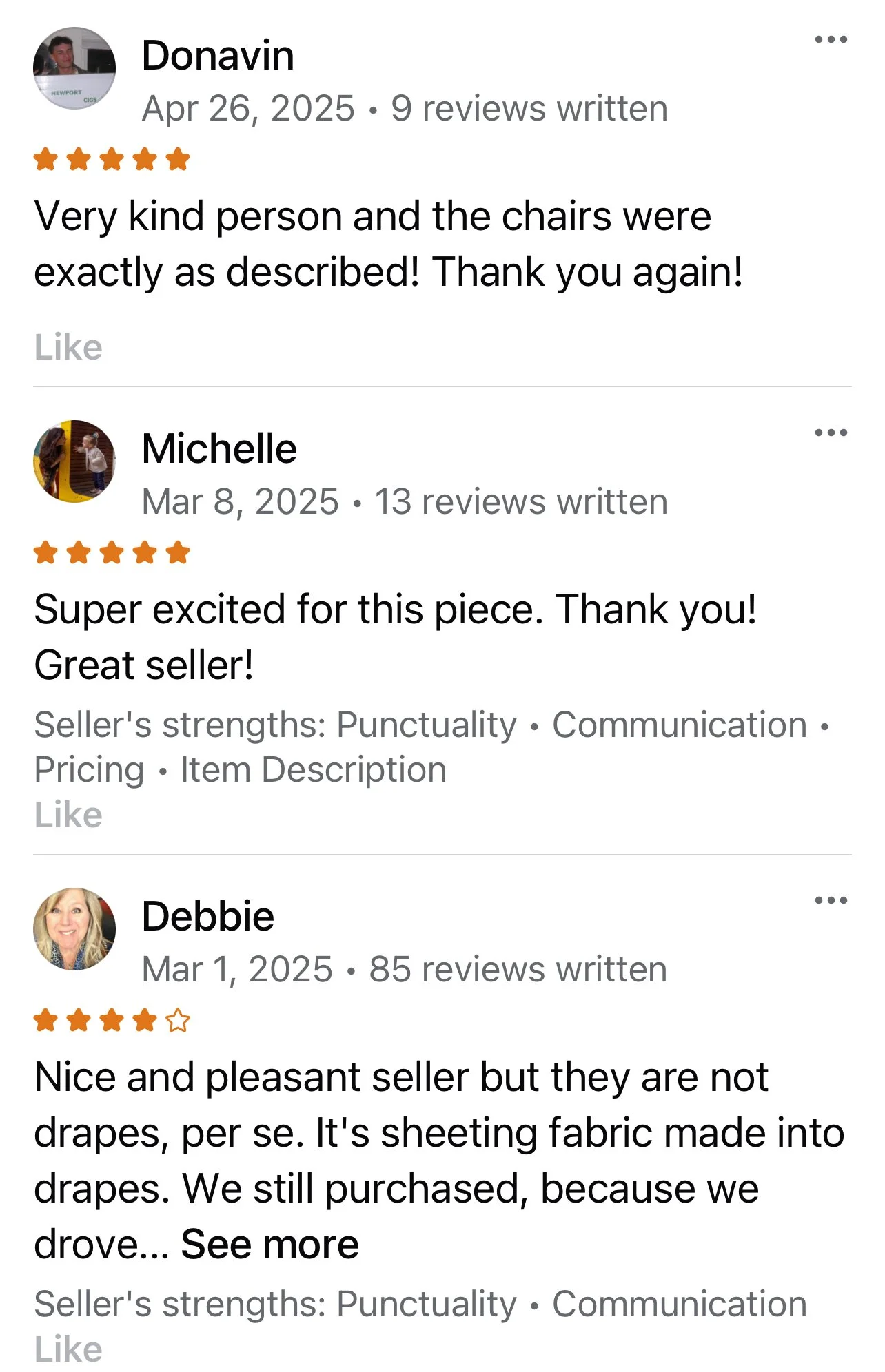 Screenshot of online reviews praising the quality and service of chairs purchased from a seller, with comments about product description accuracy and seller integrity.