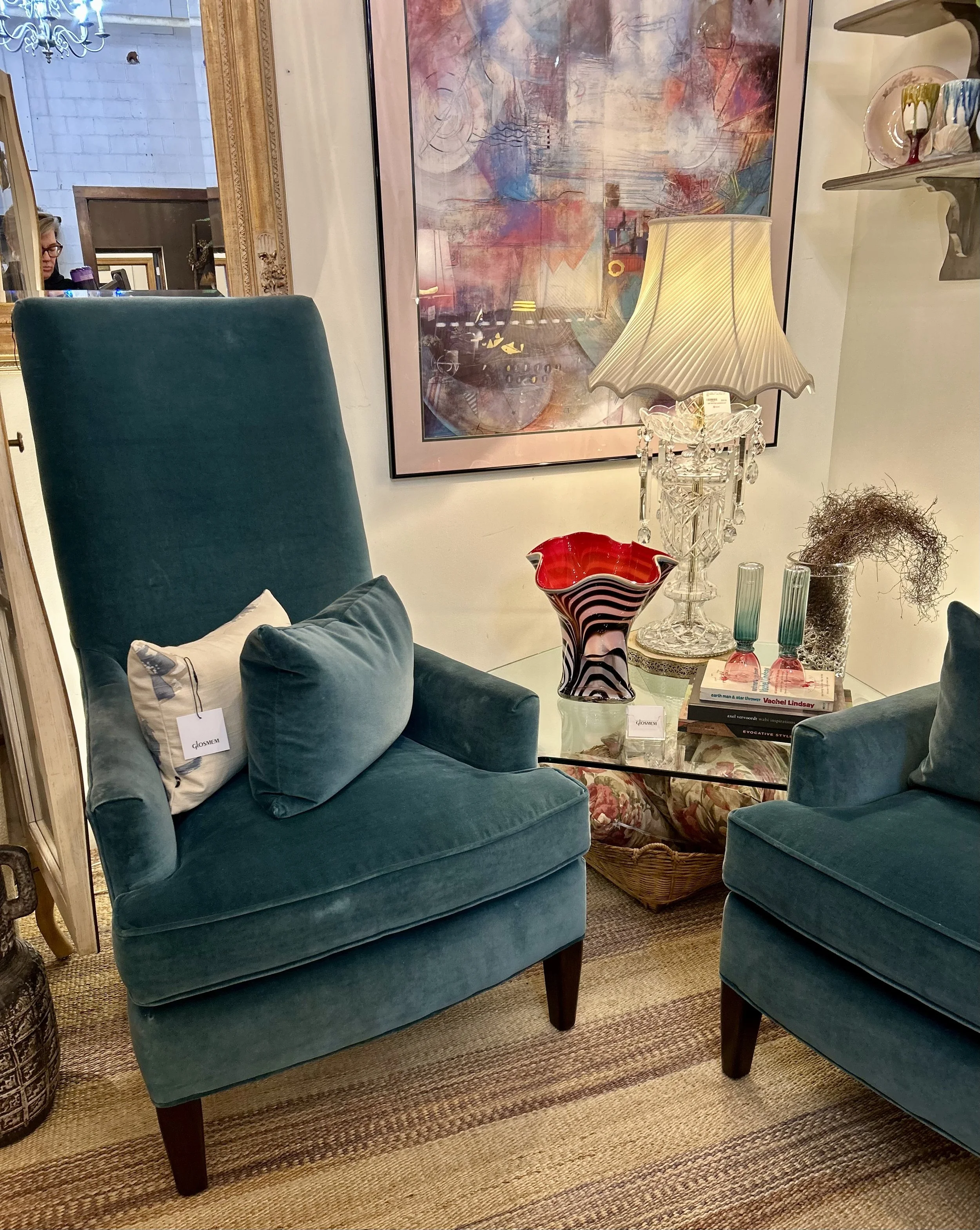 Arhaus Camden Plus Teal Velvet Accent Chair 28W x 38D x 46H $550 Each