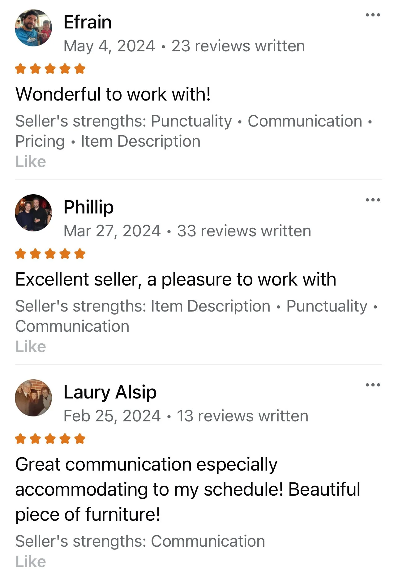 Collection of three customer reviews on a service or product, all five-star ratings, with comments praising communication and punctuality.