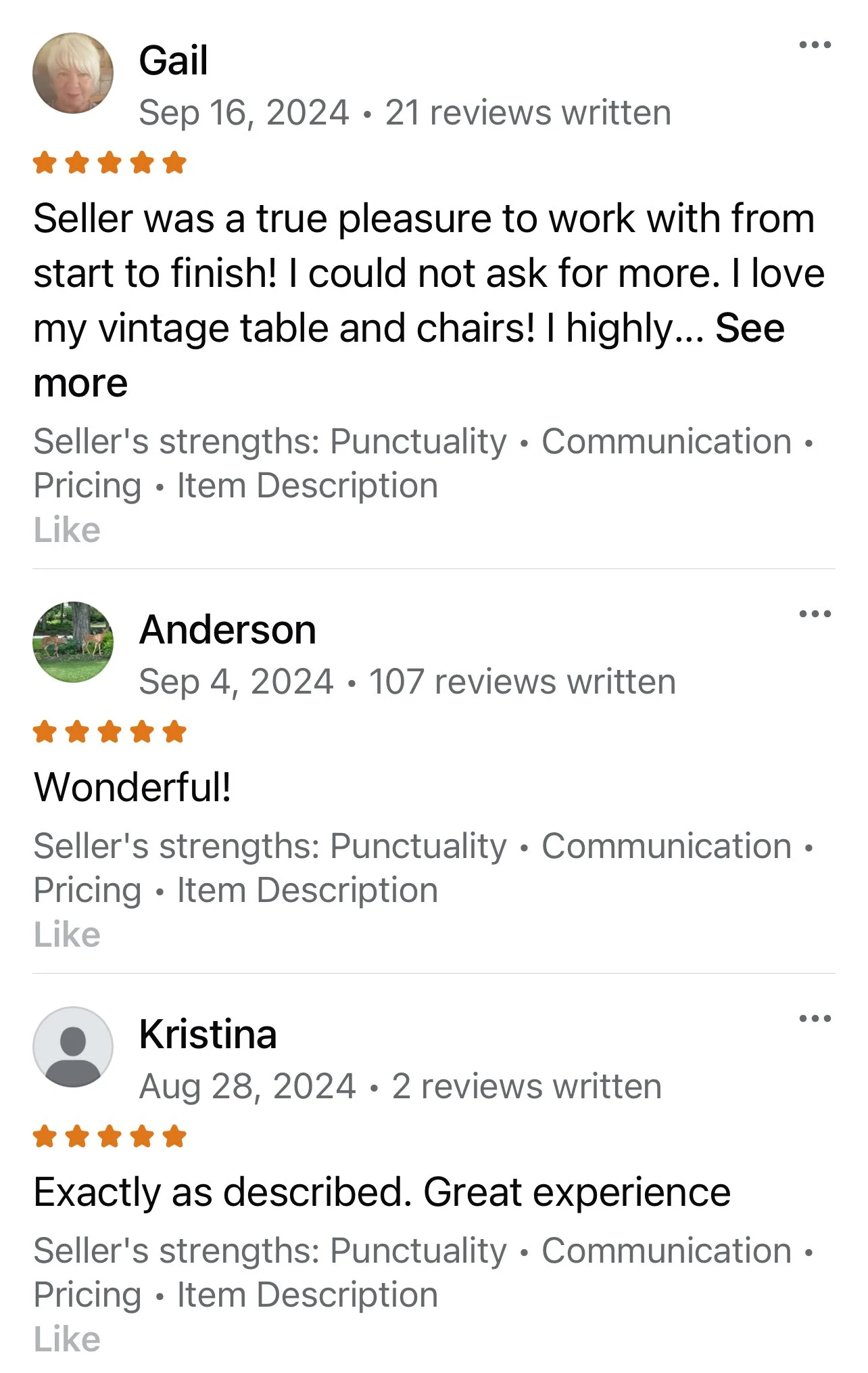Screenshot of three positive reviews for a seller, mentioning vintage furniture and excellent service.