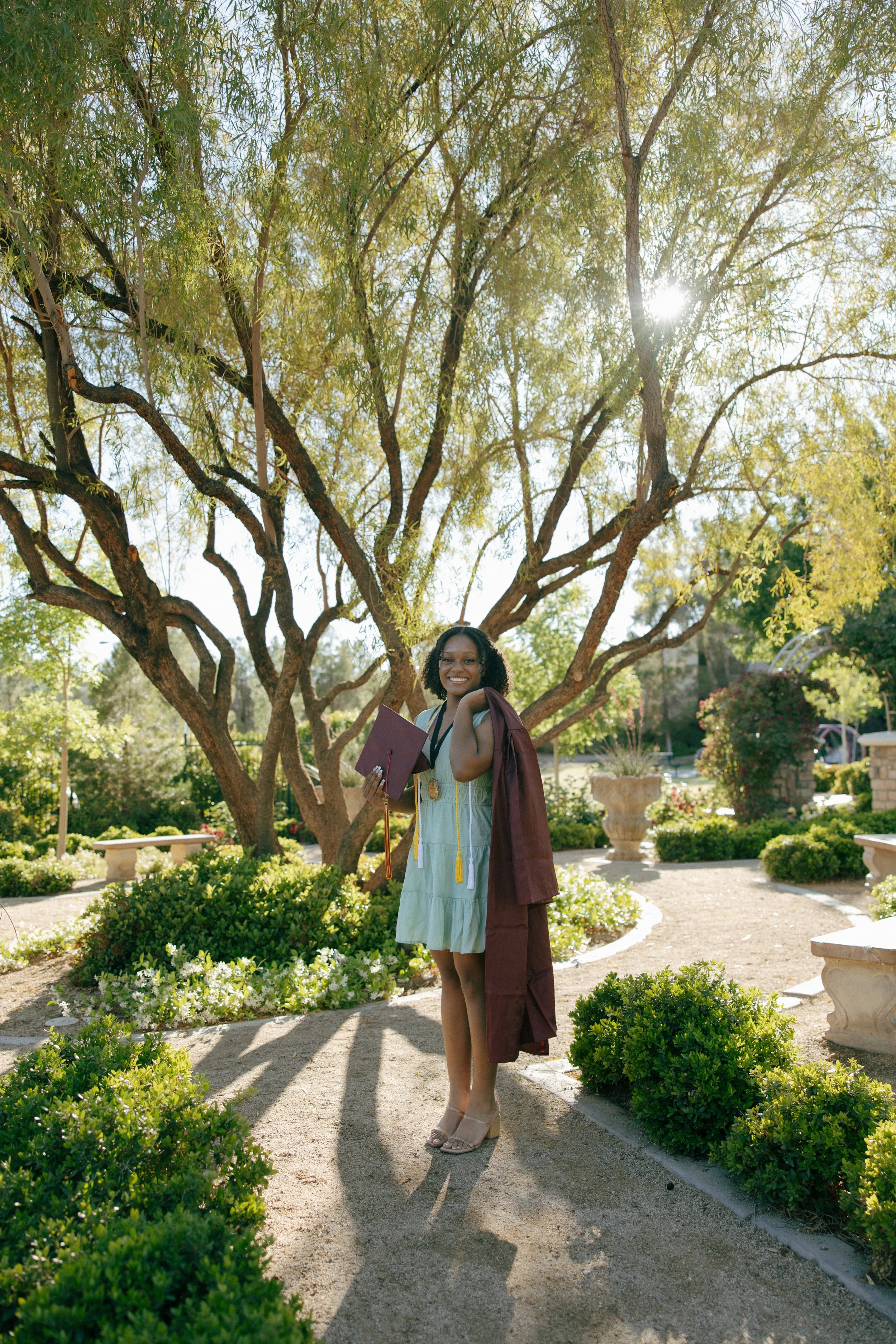 A woman in graduation attire, holding a diploma and a graduation cap, standing on a garden pathway under a large tree with sunlight shining through its branches, celebrating her graduation.