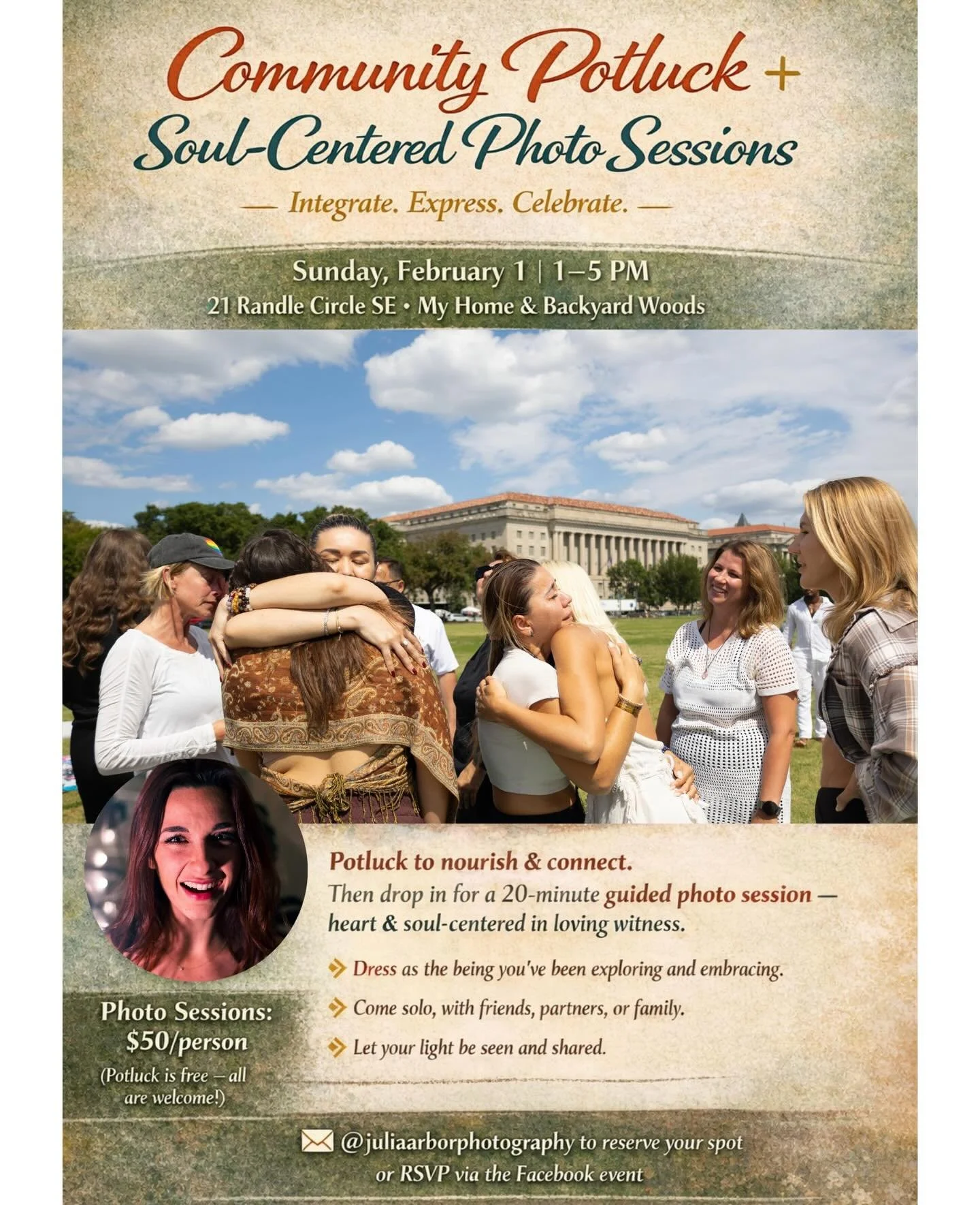 Community Potluck + Soul-Centered Photo Sessions

Integrate. Express. Celebrate.
📅 Sunday, February 1st | 1&ndash;5 PM
🏡 21 Randle Circle SE &bull; My Home &amp; Backyard Woods

Come integrate your Interfusion experience together in a casual way &m