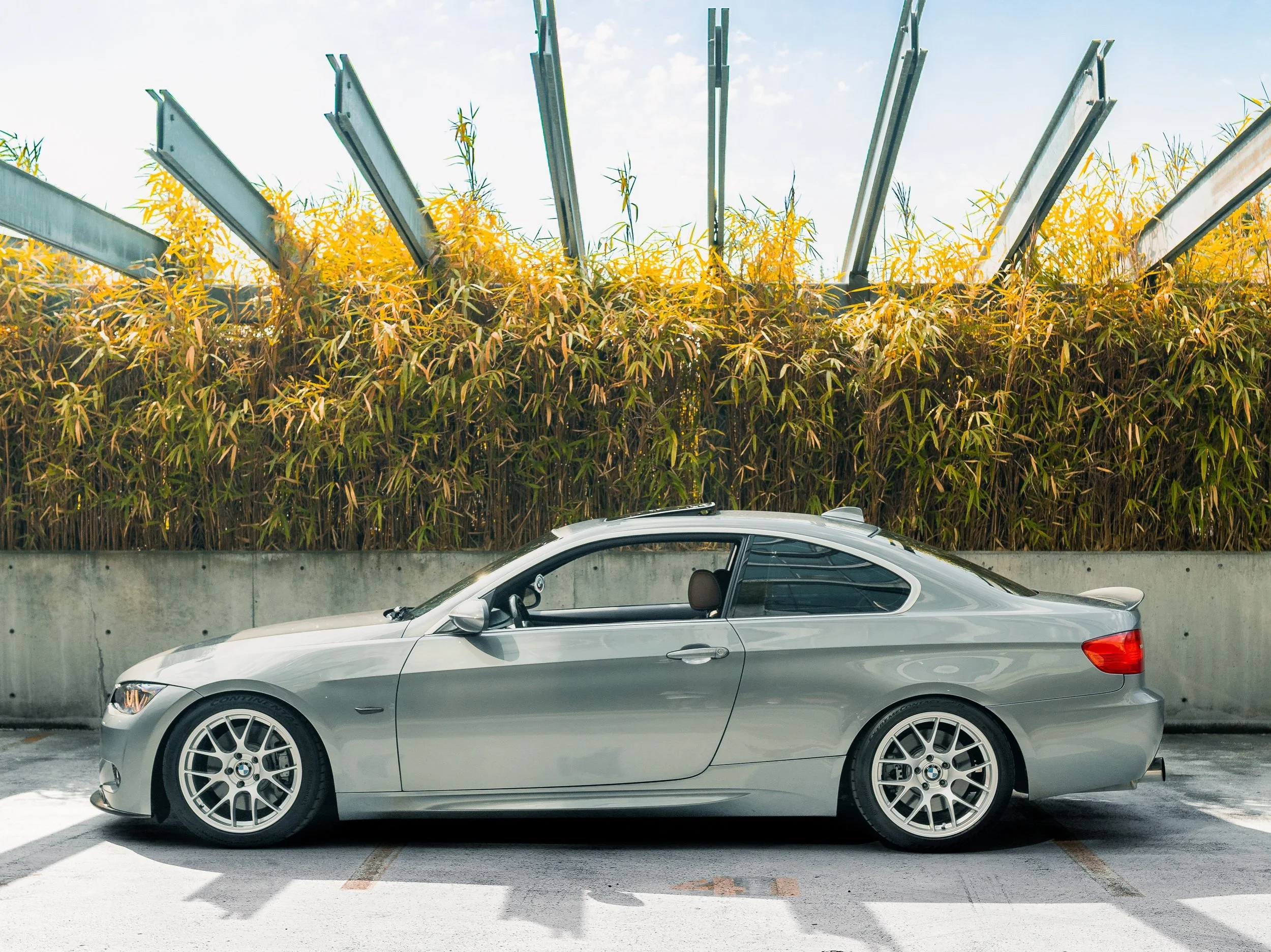 Gray BMW coupe parked in a parking lot with a fence of tall, yellow-green plants behind it and a partially cloudy sky above.