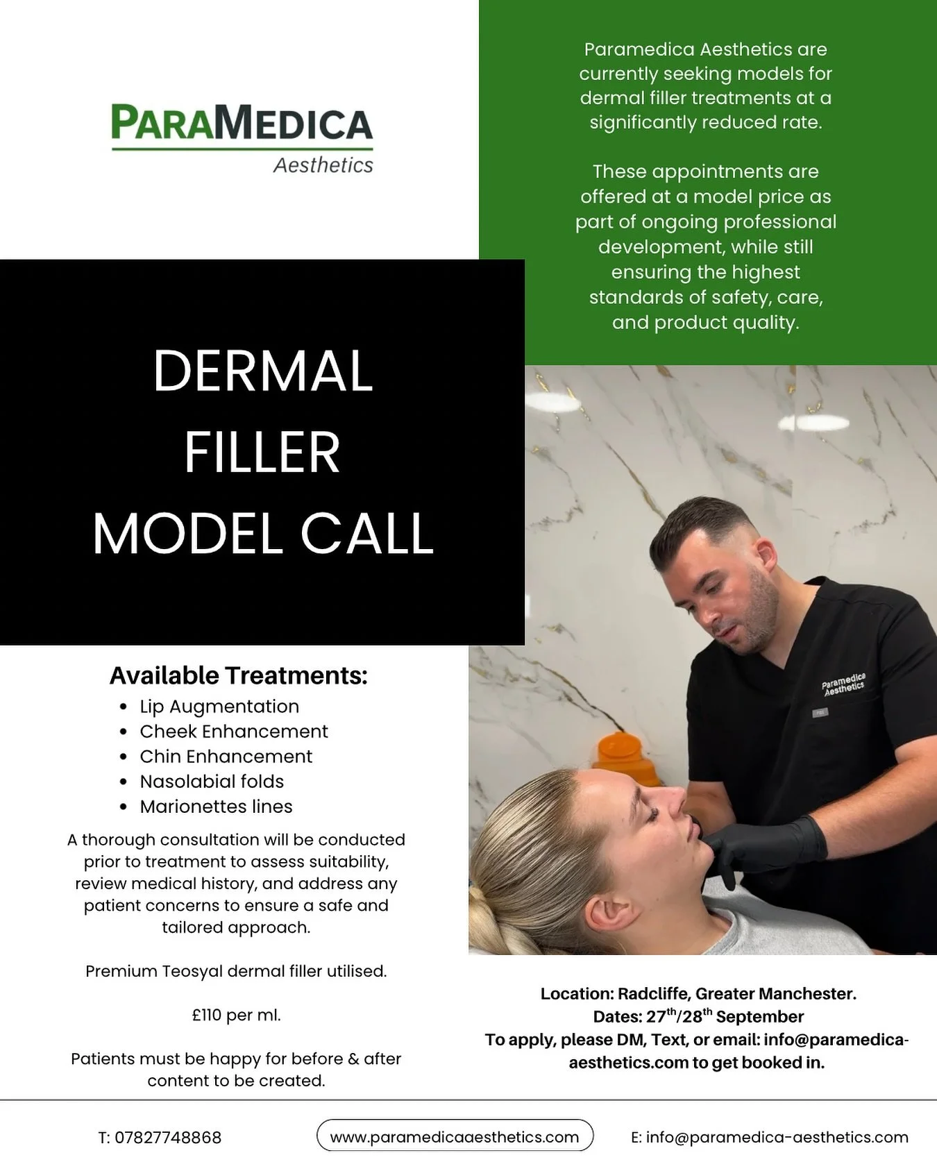 ✨ MODEL CALL - DERMAL FILLER ✨
Paramedica Aesthetics is looking for models for dermal filler treatments at exclusive model rates.
These sessions provide an opportunity to receive professional treatments at a reduced price, as part of ongoing traini