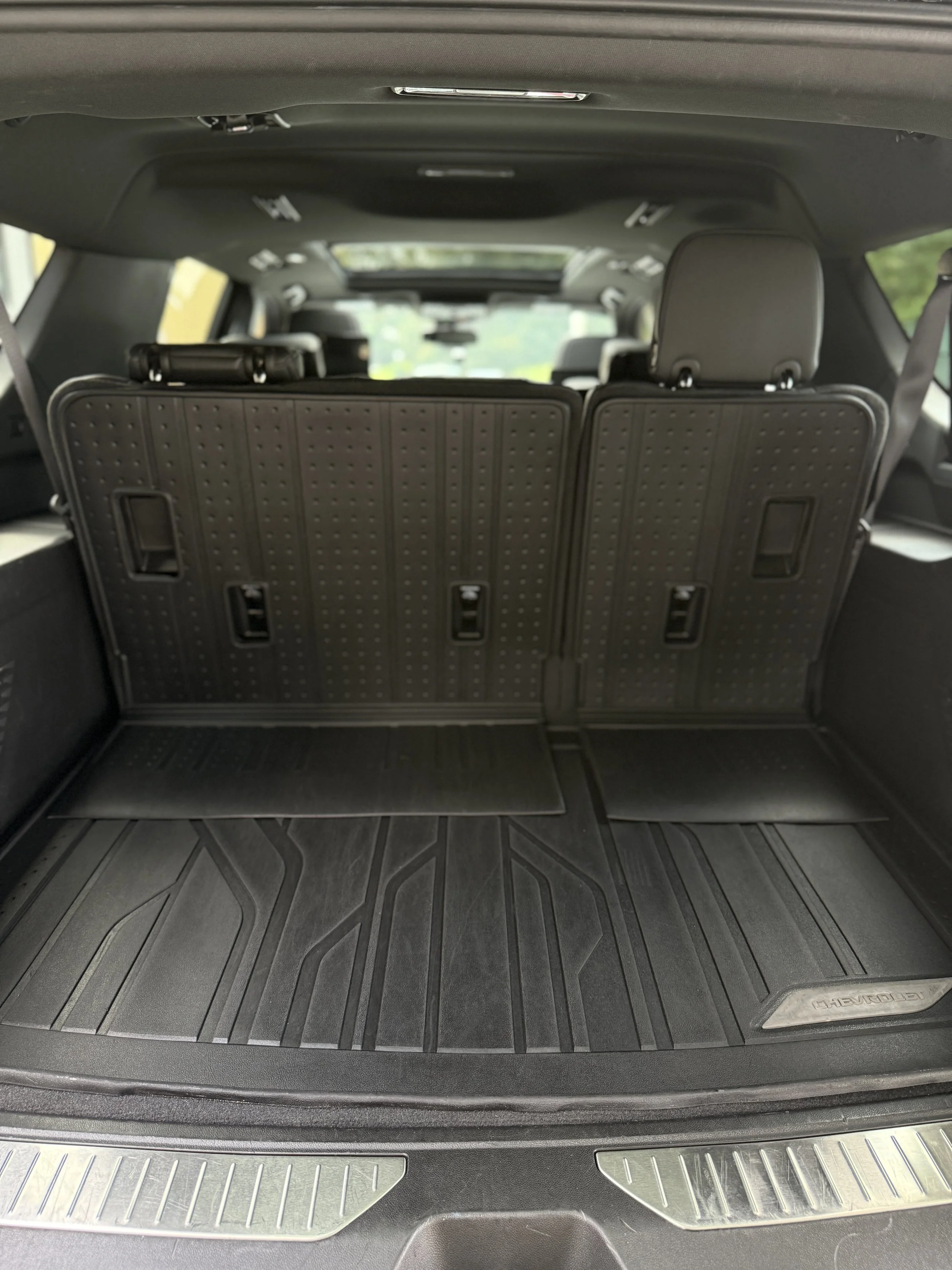 Empty cargo space of a black SUV.