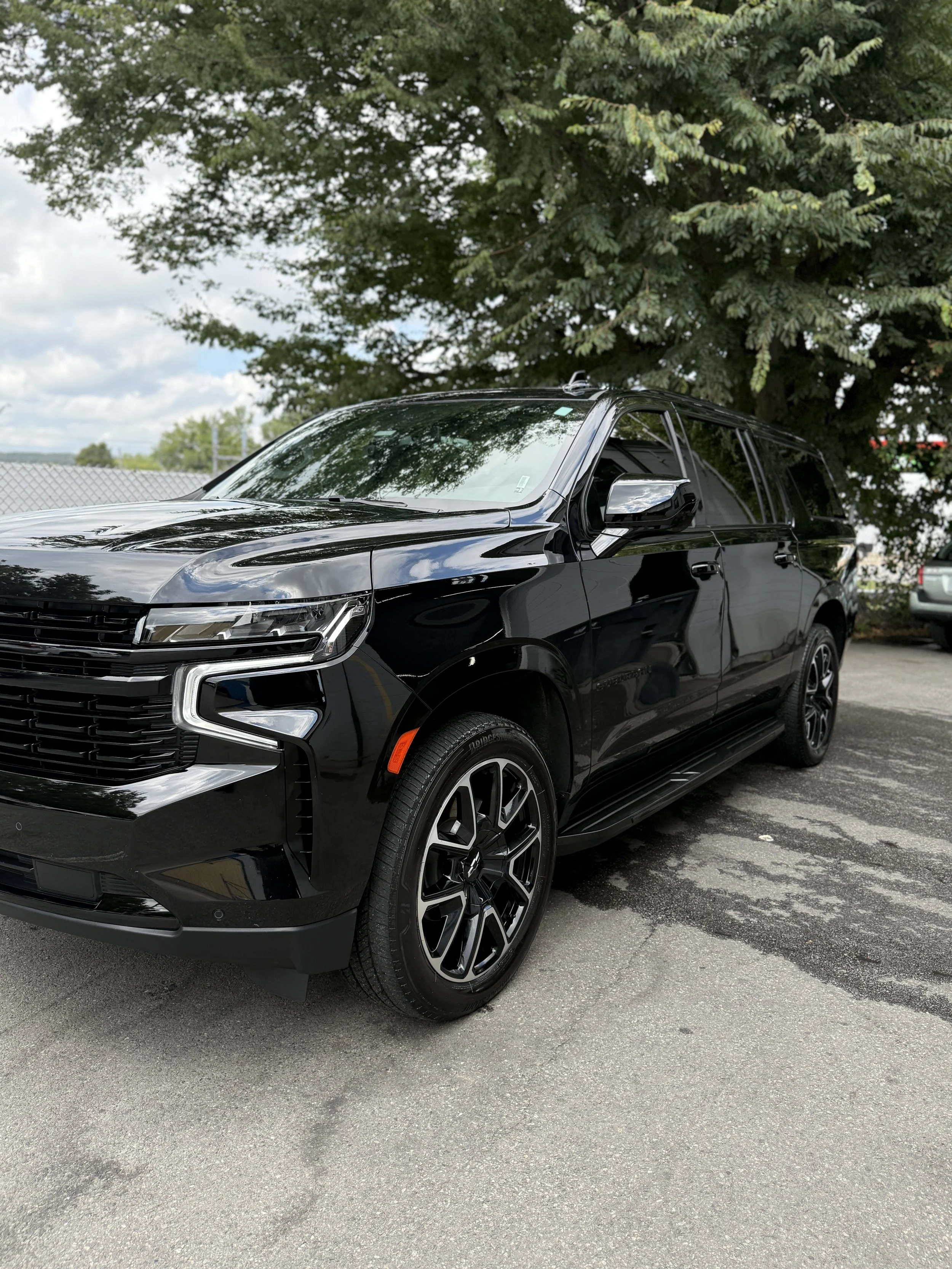 Black SUV parked on a paved lot under a large leafy tree with cloudy sky in the background.