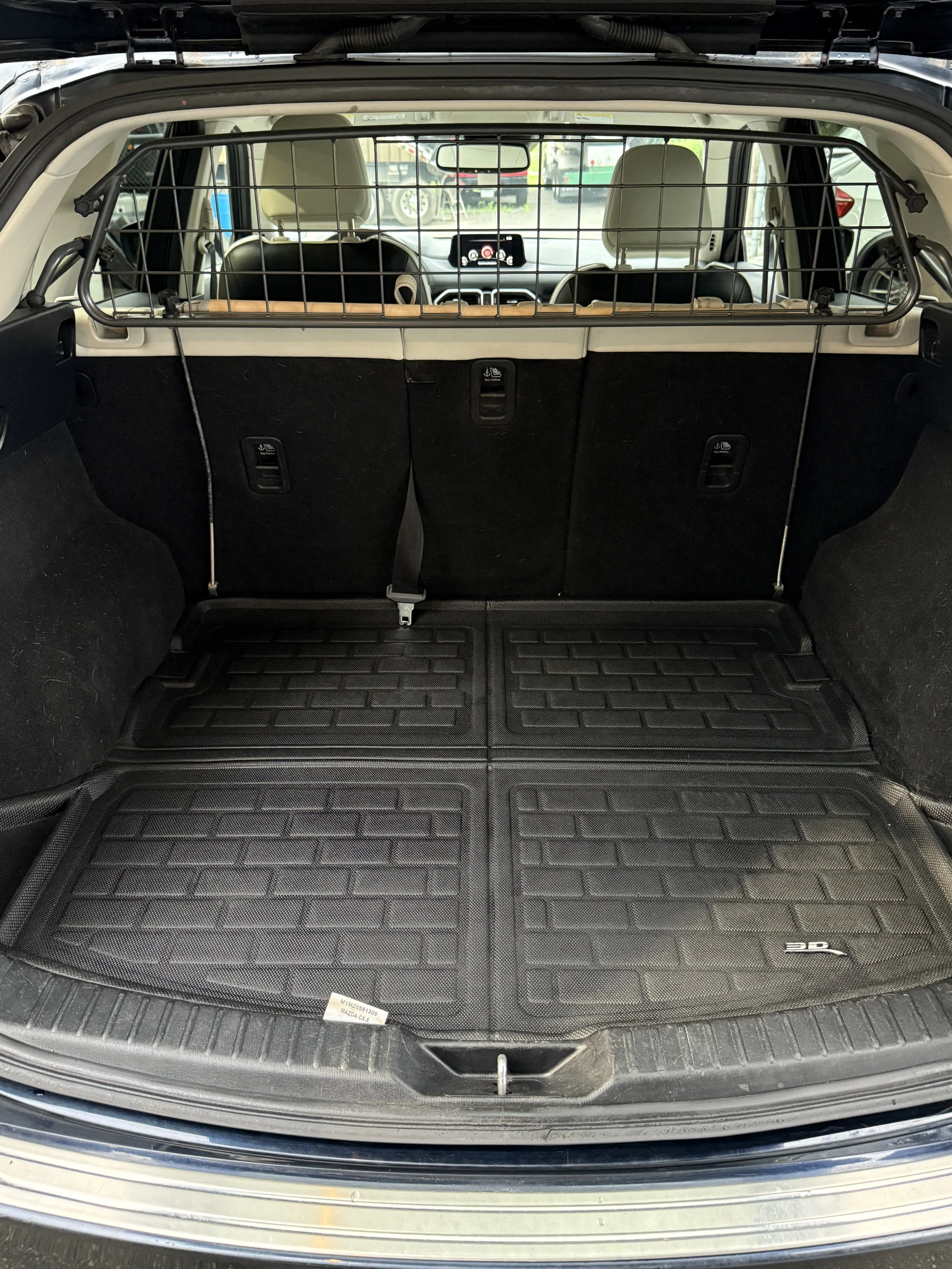 Empty SUV cargo area with a cargo barrier, rubber mats, and beige headrests visible through the front seats.